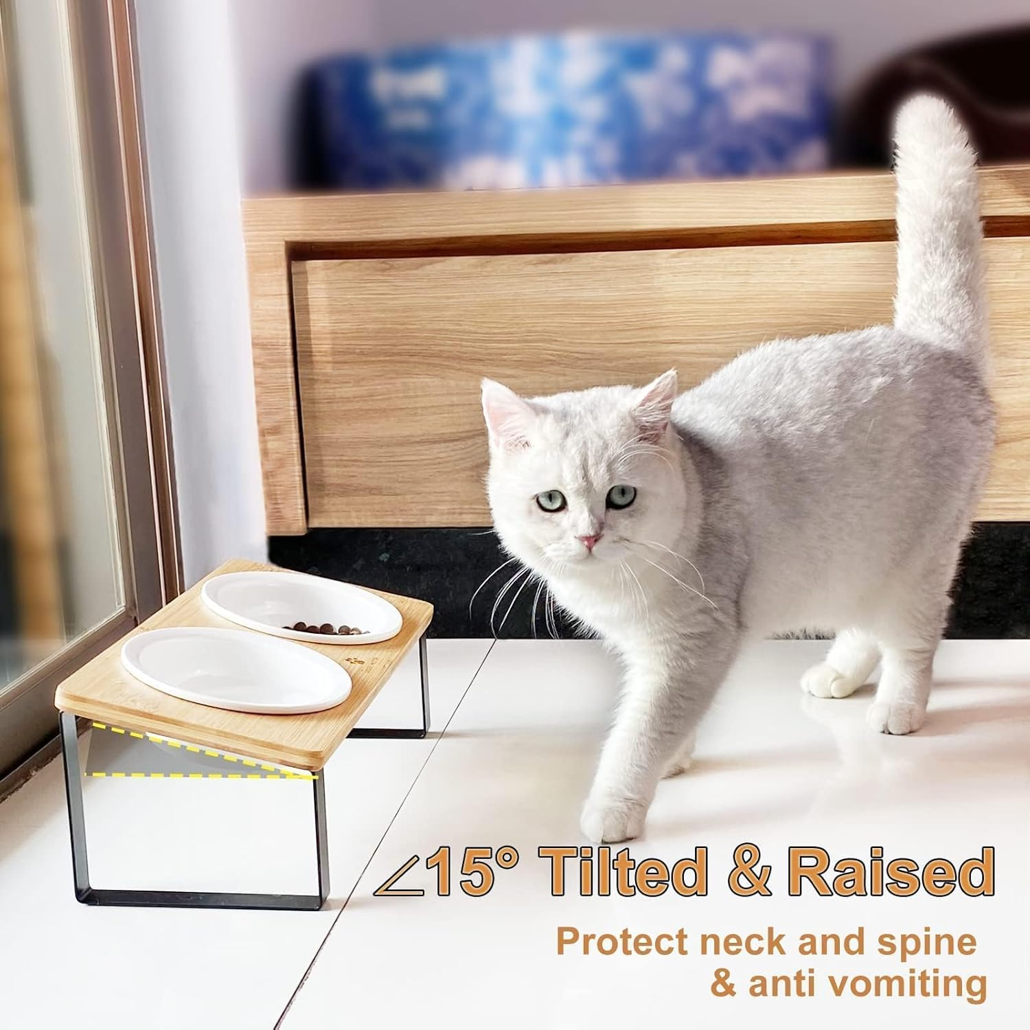 MEKAPLE Ceramic Elevated Cat Bowls, Elevated Puppy Bowls for Food & Water &ndash; 5.5-Inch Wide Bamboo Stand with Tilted Design to Prevent Vomiting, Orthopedic Double Dish for Indoor Use (Wooden Finish) image number 3
