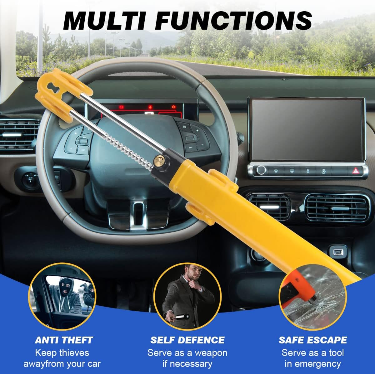 Heavy Duty Anti-Theft Steering Lock (Yellow)