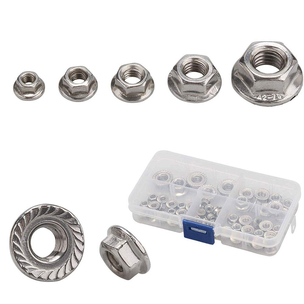 M3-M10 100 PCS Hex Flange Nuts Sets, Hex Carbon Steel Zinc Serrated Threaded Nuts Kit Flange Locknuts Assortment Kits image number 4