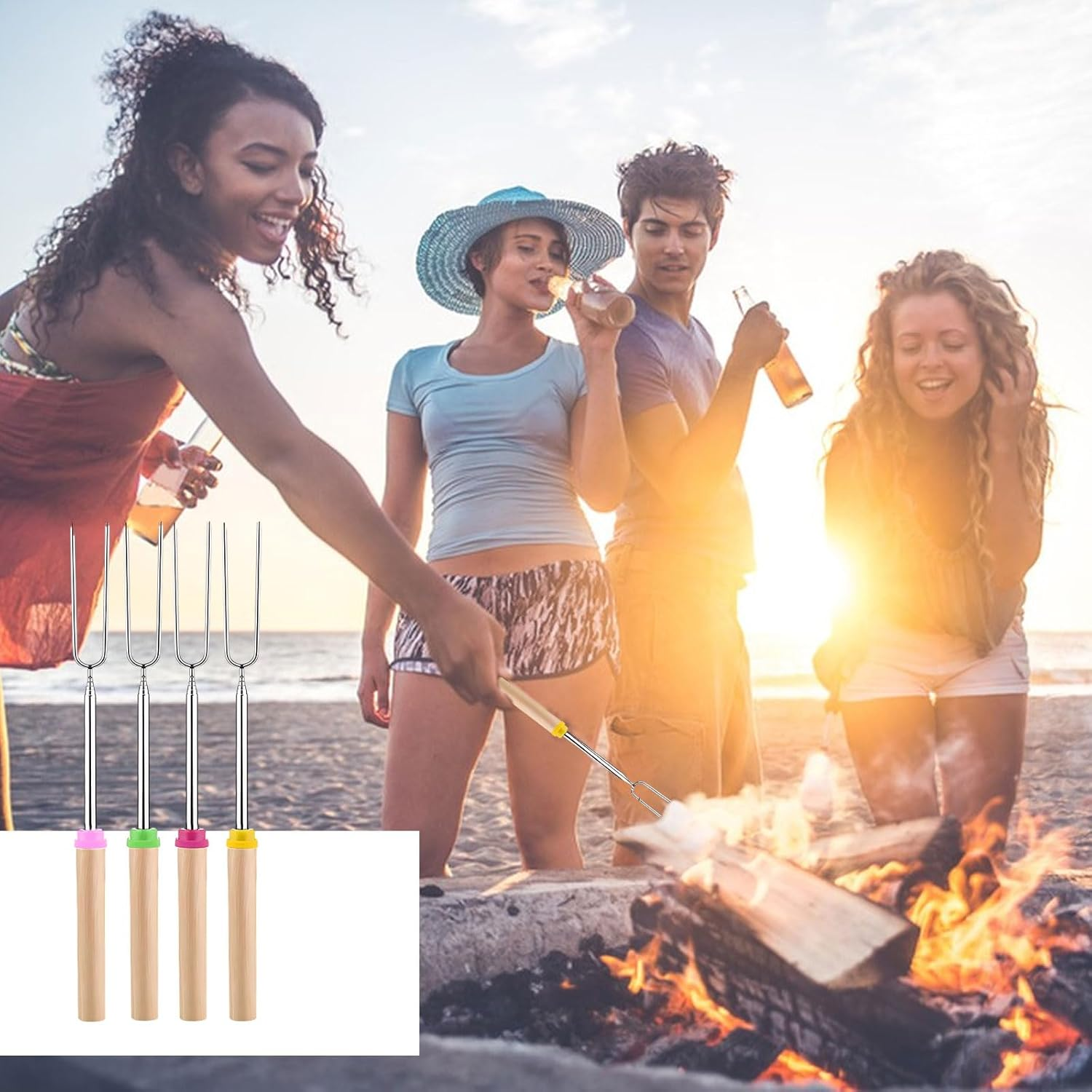 SULIVES 4 Pack Marshmallow Toasting Forks Kit - Extendable Stainless Steel Smores Sticks for BBQ and Campfire - Retractable Outdoor Campfire Accessories for Roasting Marshmallows and Hot Dogs image number 4