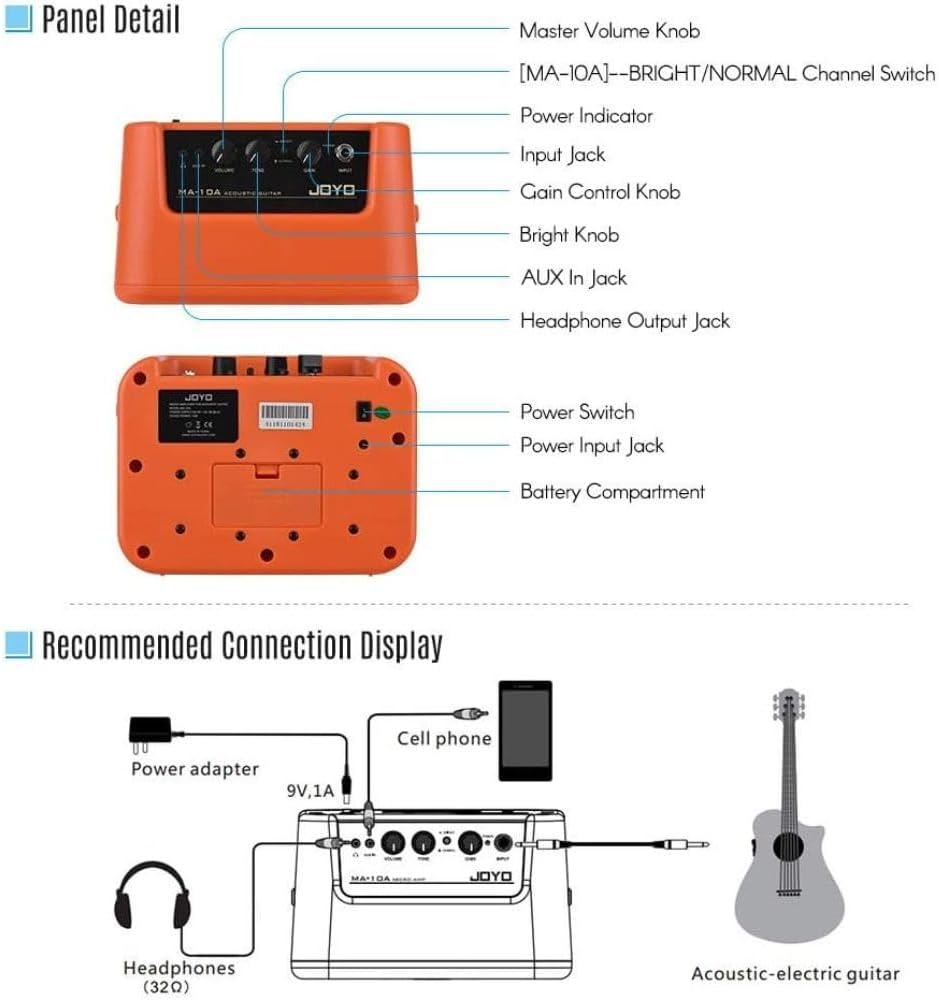 JOYO MA-10A Mini Portable Acoustic Guitar Amplifier Speaker Switchable Normal/Bright Dual Channel 10W Amp, Orange image number 6