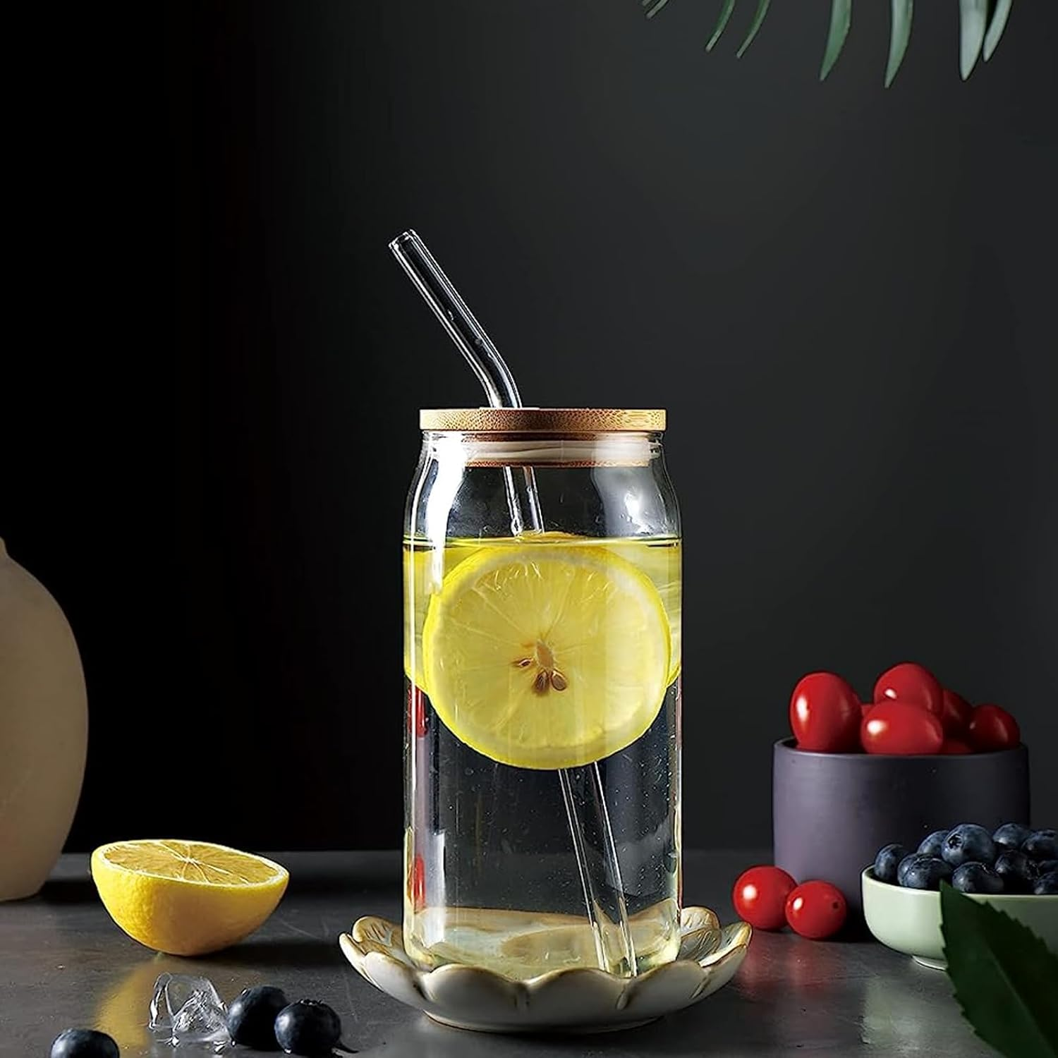 D.M DESIGN&middot;MASTER [Pack of 4, 590 Ml] Premium Drinking Glasses with Bamboo Lid and Glass Straws, Long Drink Glasses, Can-Shaped Glass Cups, Perfect for Beer, Cocktails, Iced Coffee, Iced Tea and Soda. image number 4