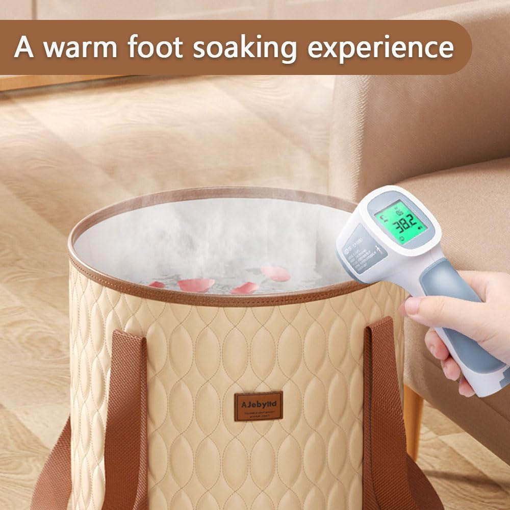 HYAVIA Foldable Foot Soaking Bag &ndash; Tall Collapsible Foot Bath Bucket for Home Spa, Portable PVC Foot Basin for Travel Camping, Over-Calf Height, 32&times;38Cm, Beige image number 1
