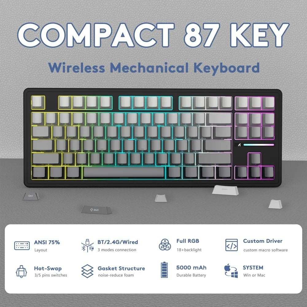Attack Shark M87PRO TKL Wireless Mechanical Gaming Keyboard, BT5.0/2.4G/USB-C Wired Hot Swap RGB Keyboard 80% US Layout,Linear White Switches Gradient Side Print PBT Keycap for PC Mac - Moonlit Night image number 2