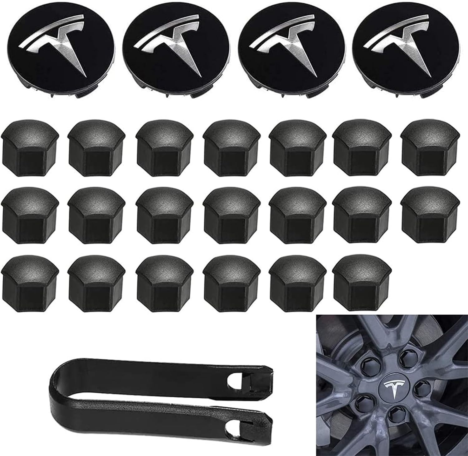 For Tesla Wheel Cap Kit, Tesla Model 3 Aero Wheel Cap Kit Wheel Lug Nut Covers Hub Center Cover Nut Cover Caps with Tyre Valve Caps for Tesla Model 3 Wheel (Black)
