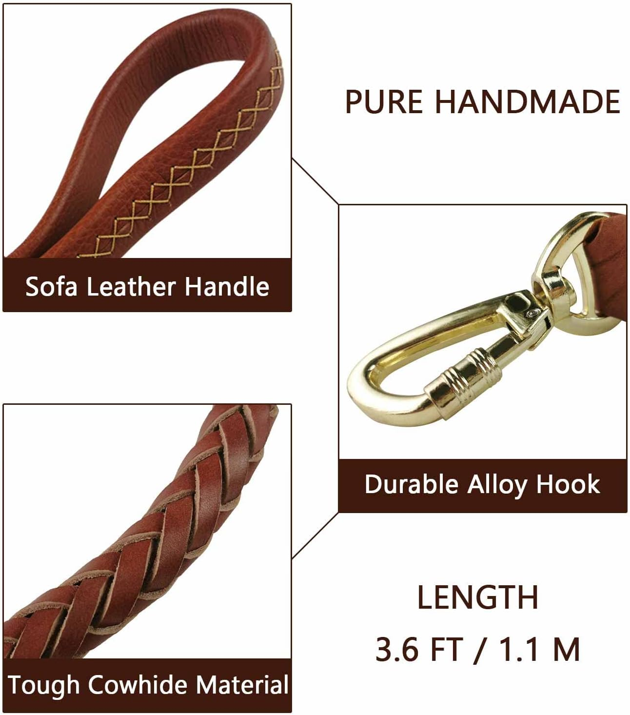 Vivi Bear Braided Genuine Leather Dog Leash 3.6Ft Long Durable Pet Walking Dogs Training Lead for Large Dogs - Brown - 1Inch Wide image number 5