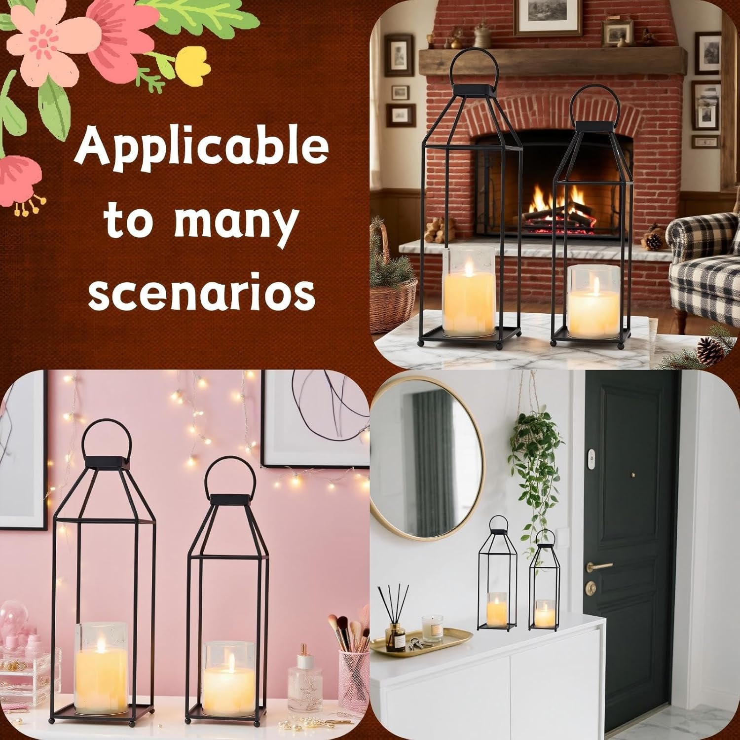 Decor Lantern, Metal Candle Lanterns 2 PCS Set, Decorative Lanterns with 2 Flameless LED Candles for Home Decor, Parties & Events(Black)