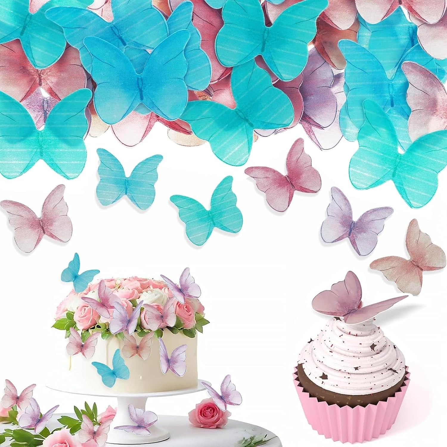 Jotia 48Pcs Butterfly Birthday Cake Topper Decoration, Edible Butterfly Cake Topper 3D Colorful Realistic Cake Topper Edible Butterfly Cake Decorations Edible Wafer Paper for Birthday (Pink)
