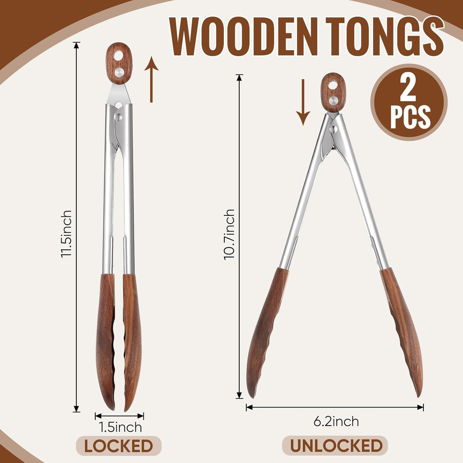 Sopco 2-Piece Walnut Wooden Kitchen Tongs Set (11.4 Inches) &ndash; Wood-Tipped Utensils for Salad Serving, Burger Flipping, Grilling & More image number 3