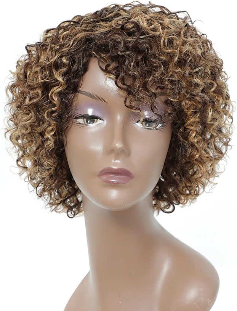 HUA Kinky Curly Short Wigs for Black Women Human Hair Chocolate Brown Mix Medium Auburn Curly Human Hair Wigs for Black Women Glueless 4/30 Color Short Wigs for Women