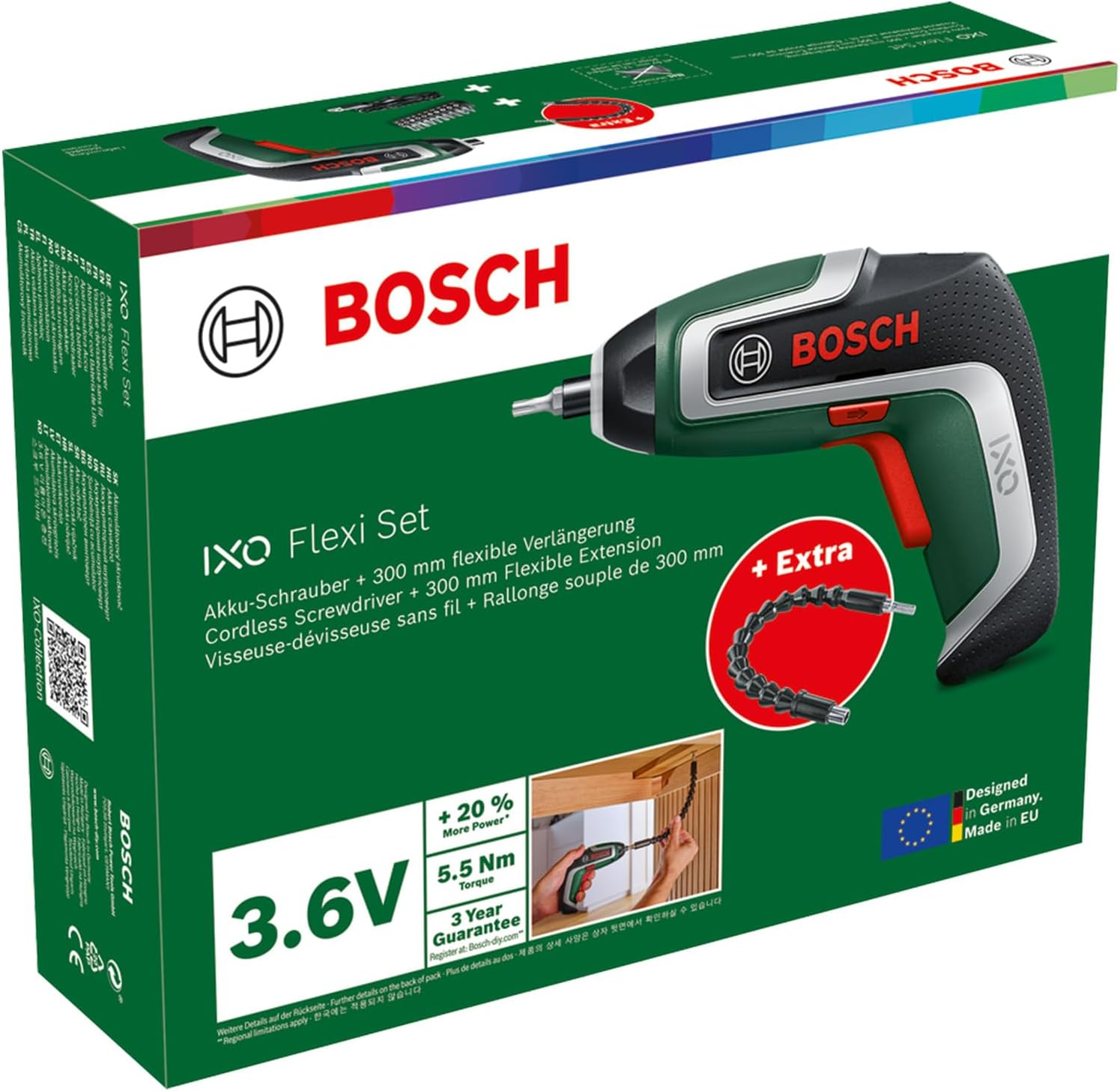 Bosch Compact Cordless Screwdriver IXO Flexi Kit 7Th Generation 3.6V 2.0Ah Flexible Extension Micro USB Cable Bend 180&deg; 10 X Bit image number 4