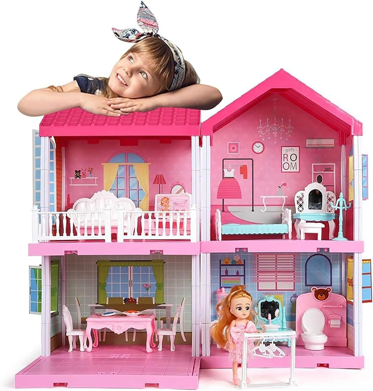 ZALLUC Dollhouse Girls Pretend Toys 4 Room- Doll Figure with Furniture, Accessories, Stairs, Pets and Dolls, DIY Cottage Pretend Play Dollhouse, for Toddlers, Boys & Girls image number 3