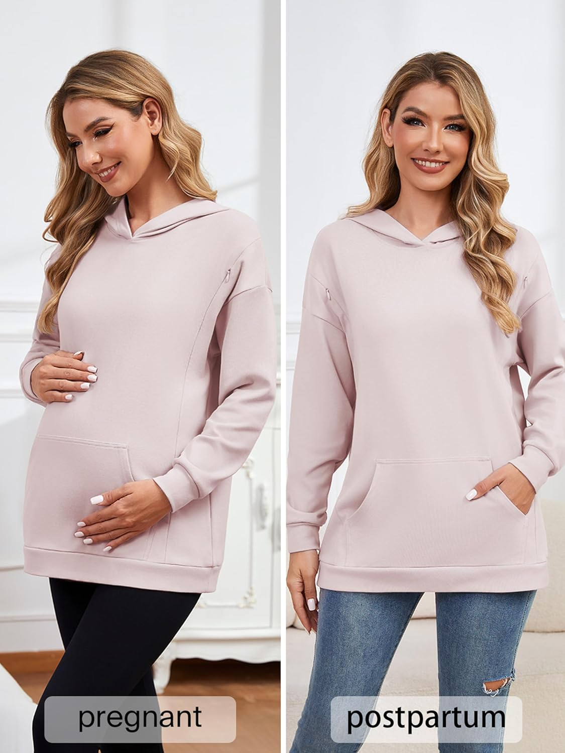 Ecavus Women'S Maternity Nursing Sweatshirt Hidden Zipper 2025 Long Sleeves Oversize Breastfeeding Pullover Tops with Pockets
