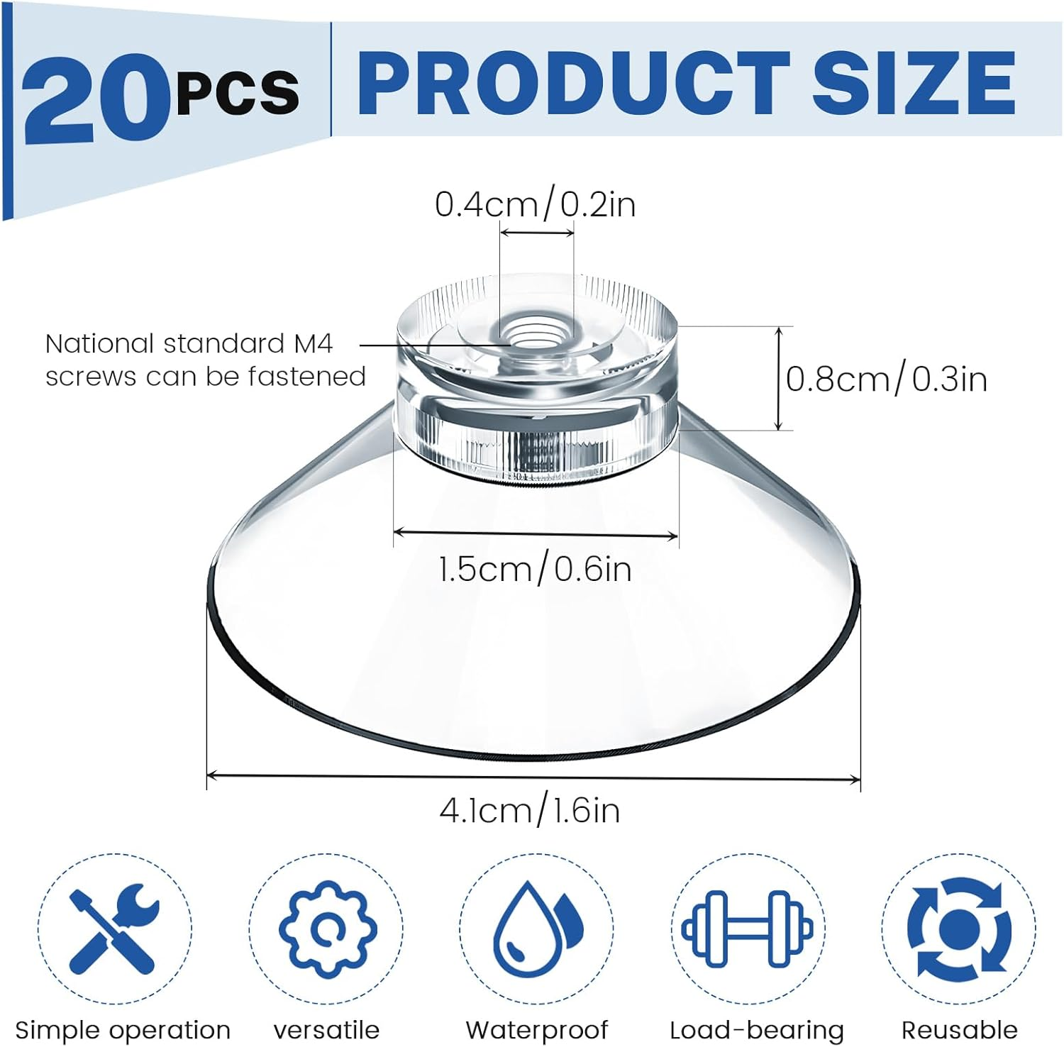 20 Pieces Suction Cups with Screw Nut, 40Mm Clear PVC Plastic Sucker Pads, Glass Suction Pads with M4 Screw, Strong Adhesive Suction Holder for Window, Ceramic, Bathroom, Car image number 3