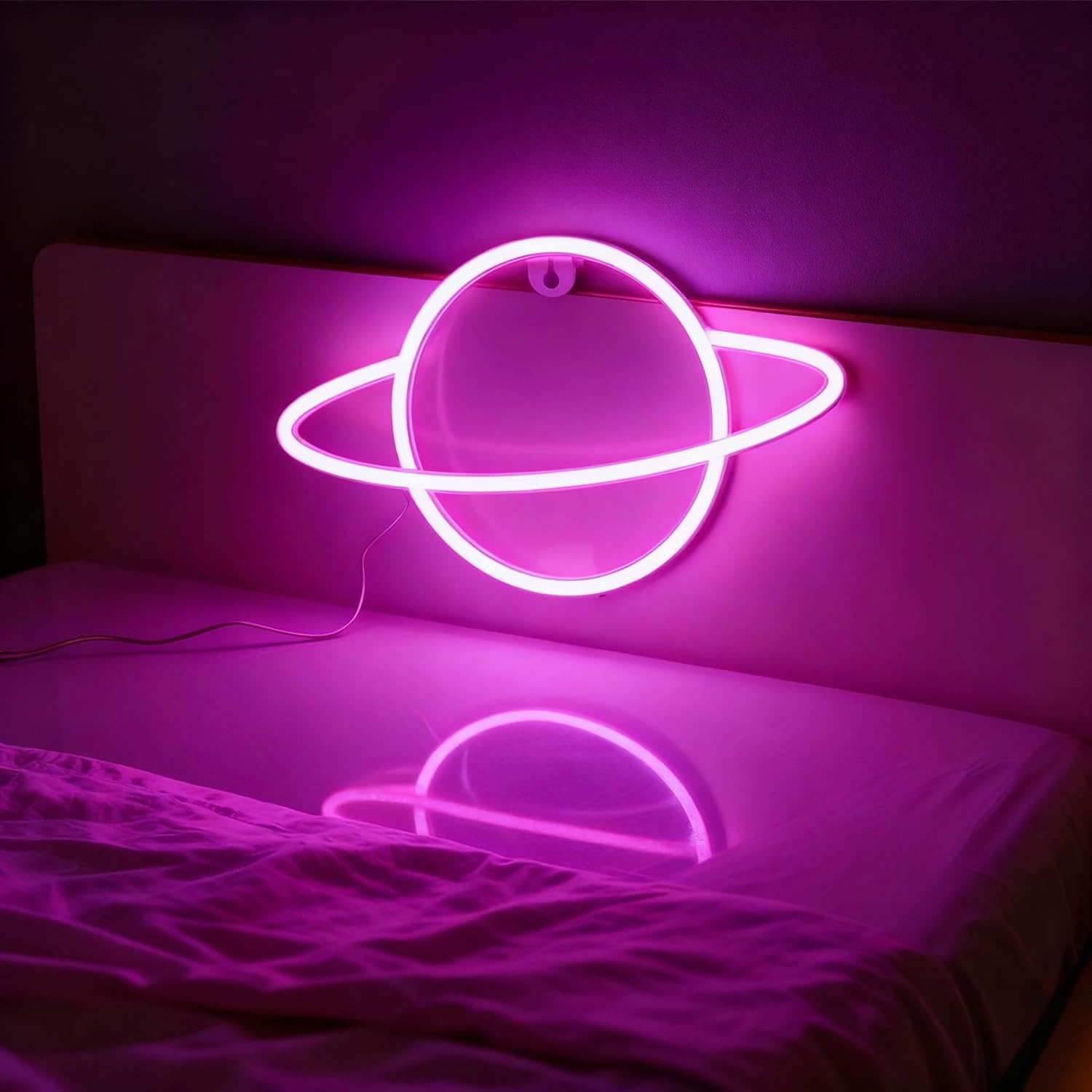 LED Neon Planet Wall Light, Battery or USB Operated, Pink, Decorative Hanging or Standing Light image number 1