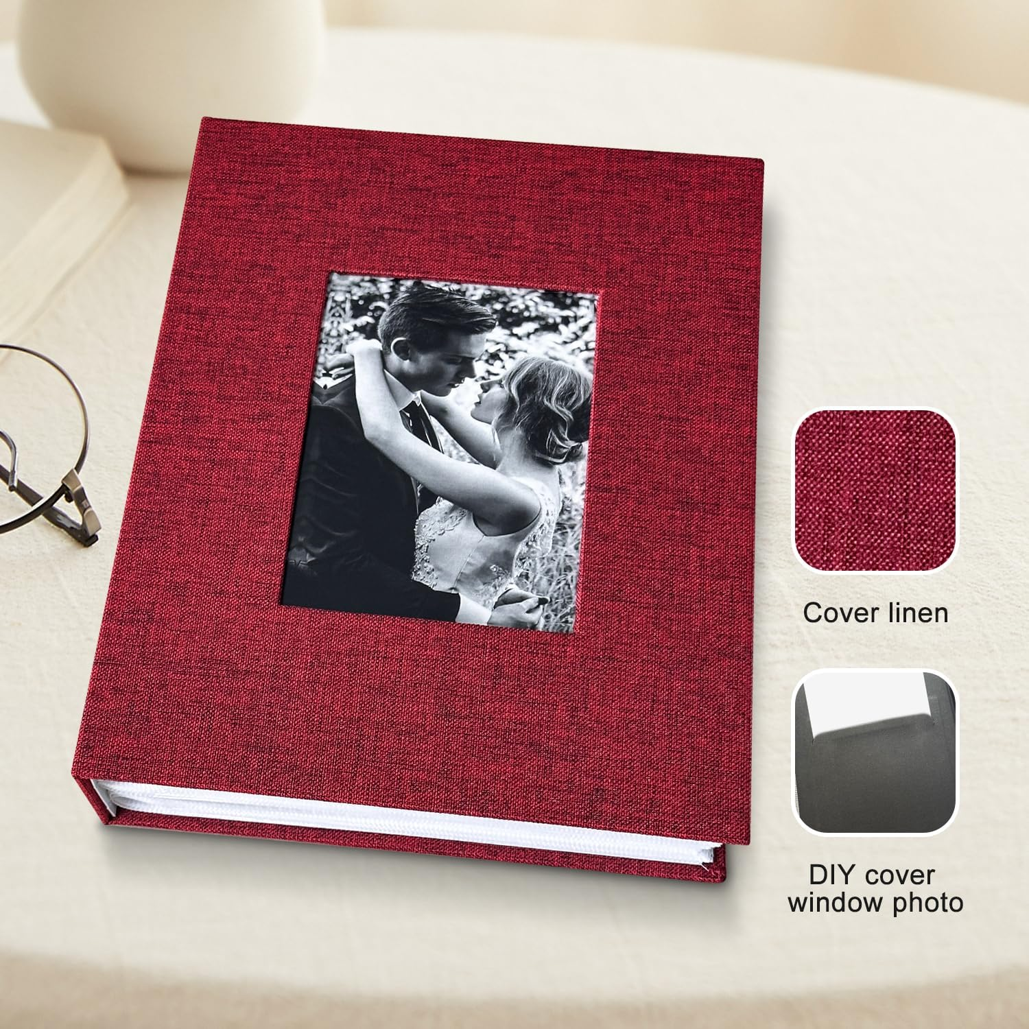200-Pocket Photo Album 4X6 - Slip-In Picture Album with Linen Cover & Display Window, Vertical Photo Book for Wedding, Family, Baby, Anniversary & Vacation Memories (Holds 200 Photos)