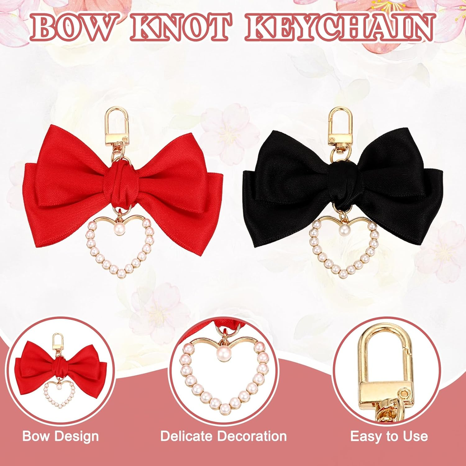 Uxcell 2Pcs Bow Knot Keychain, Cute Bag Charm Keyring, Bow Accessories for Women Purse, Backpack, Car Key, Phone Decoration (Black and Red with Pearl Heart) image number 4