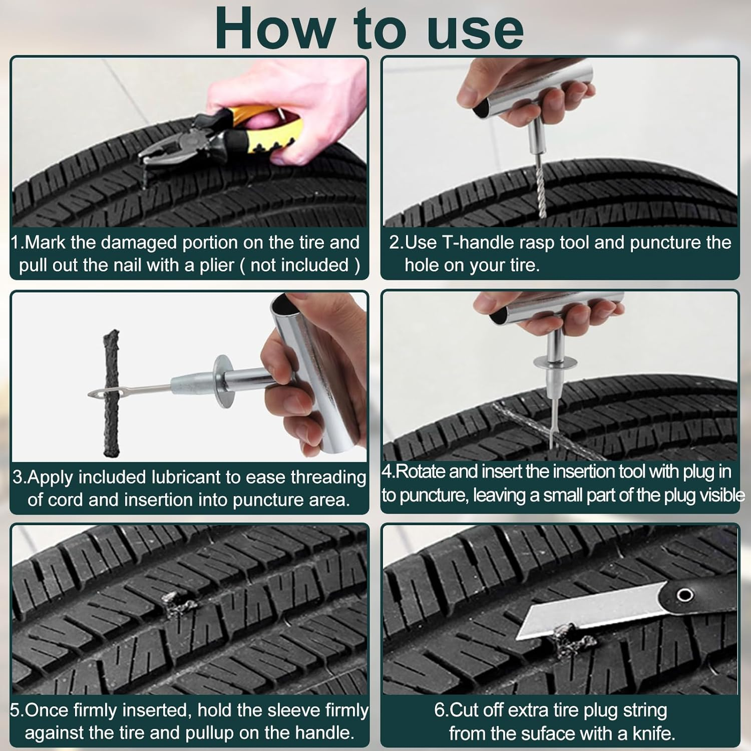 Universal Tire Repair Kit, 37PCS Tire Repair Tools, Heavy Duty Car Emergency Tool Kit for Flat Tire Puncture Repair, Tire Plug Kit Fit for Car, Motorcycle, Jeep, RV, ATV, SUV, Truck, Lawn Mower, Etc. image number 6