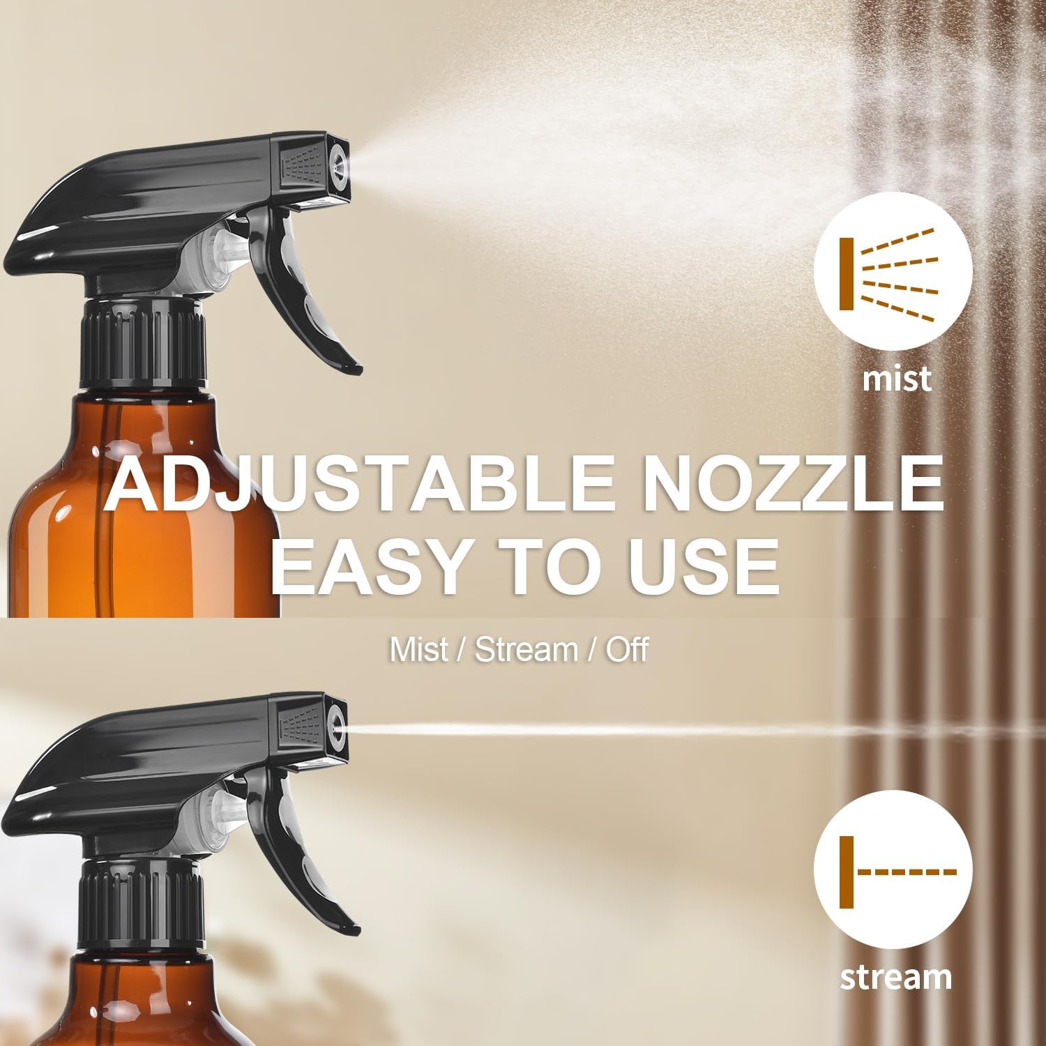 Plastic Spray Bottles, 2-Pack, 16.9 Oz, Mist & Stream, Heavy Duty Spraying, Empty Water Spray Bottle for Cleaning Solutions, Essential Oils, Hair, Plants, BBQ, Cat Dog Behavior Correction (Amber) image number 5