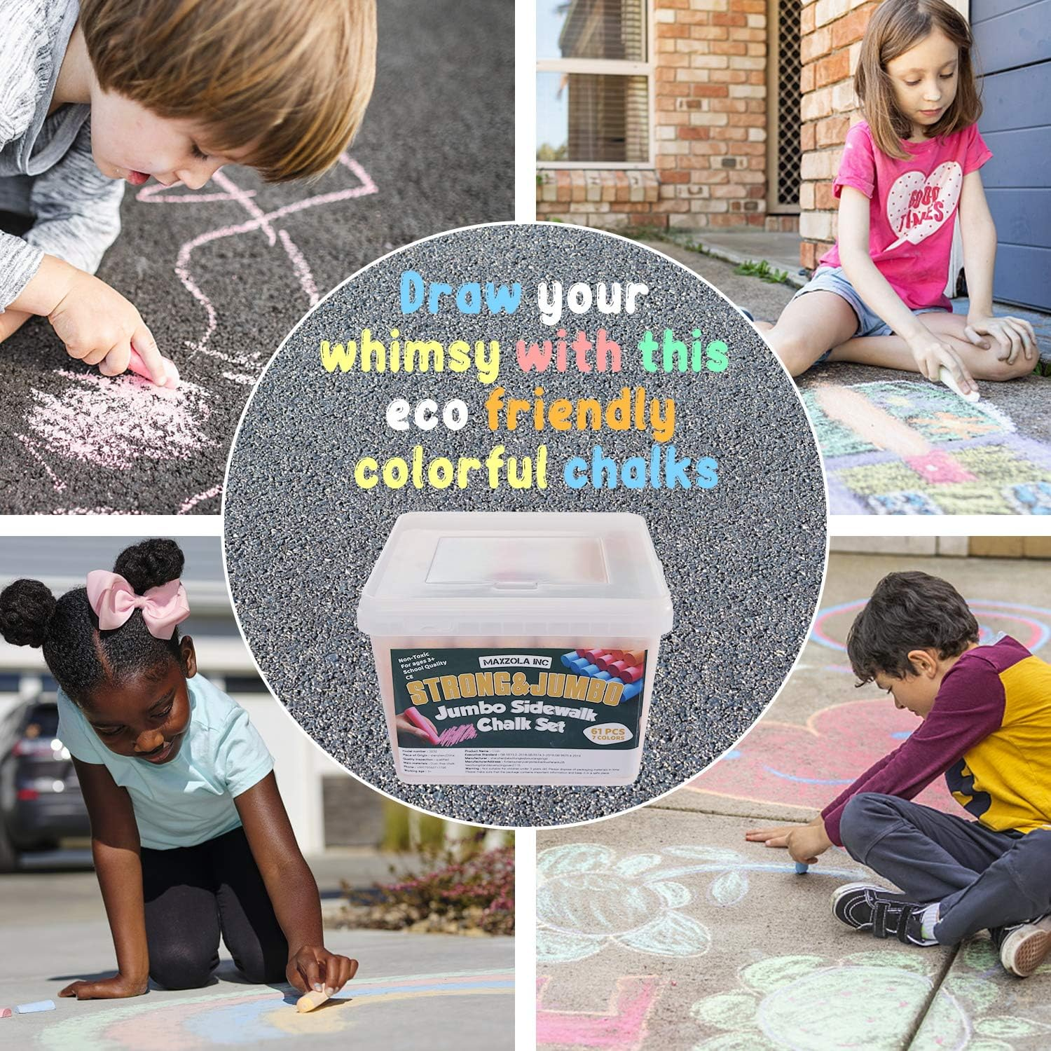 Jumbo Sidewalk Chalks for Kids, Maxzola Inc. 61 Pcs Washable Non-Toxic Chalk for Toddlers, Outdoor, Street, Chalkboard Bulk Chalk Play Art Set image number 5