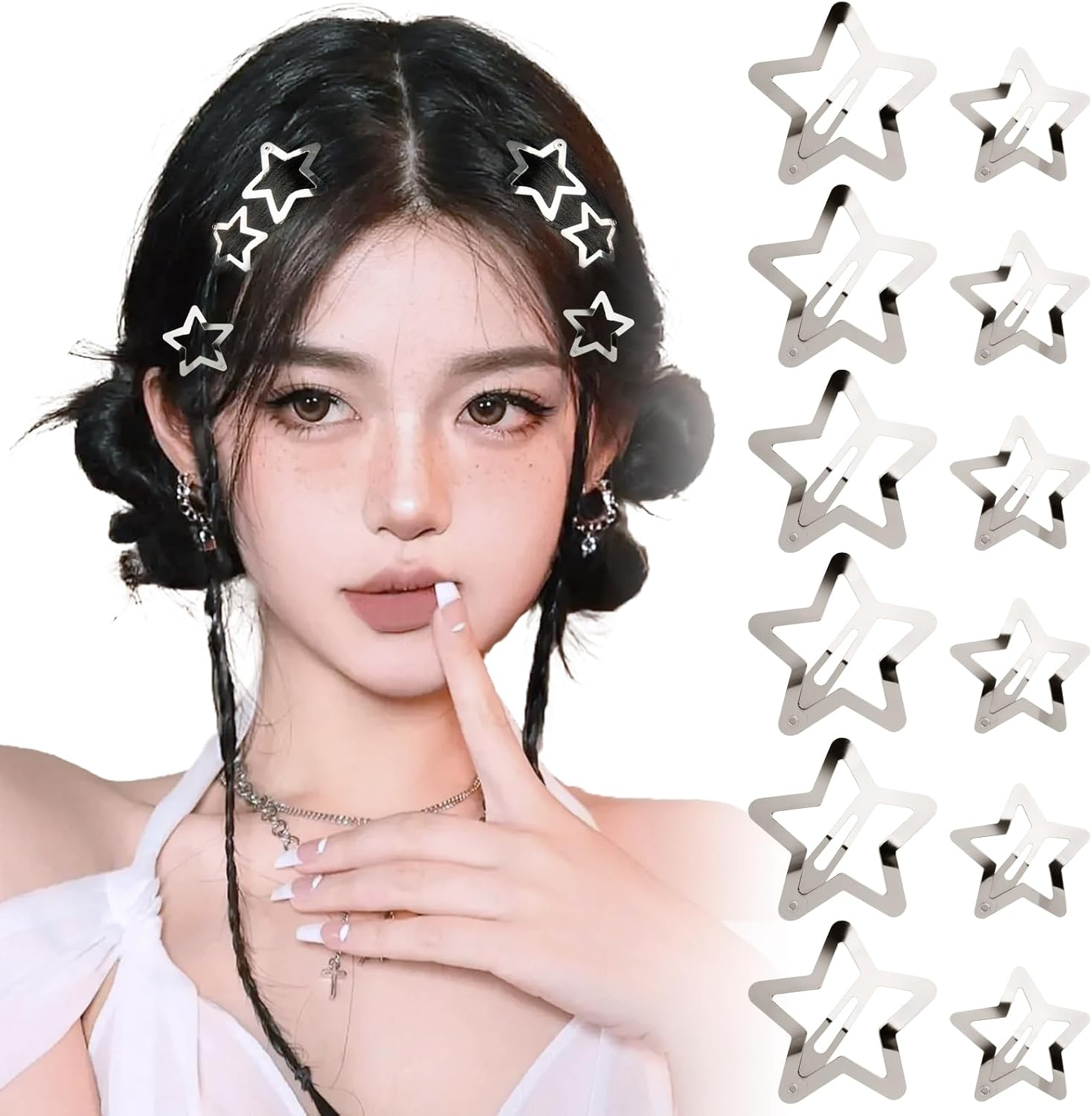 BOFUNX 12Pcs Silver Star Hair Clips, 3Cm 4Cm Metal Star Hair Clips Non-Slip Snap Hair Barrettes for Women Girls Y2K Hair Accessories