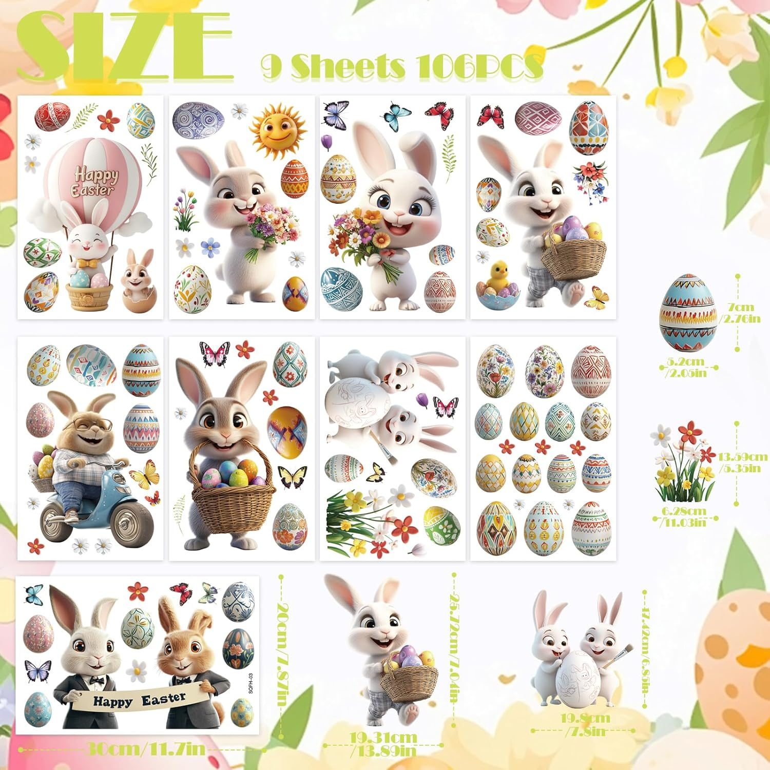 KIKISML Easter Window Clings Stickers 106Pcs, Various Cute Bunny Colorful Easter Eggs Flower Butterfly Window Stickers Decor, 9 Sheets Static Sticker for School Home Office Party Accessory Supplies image number 6
