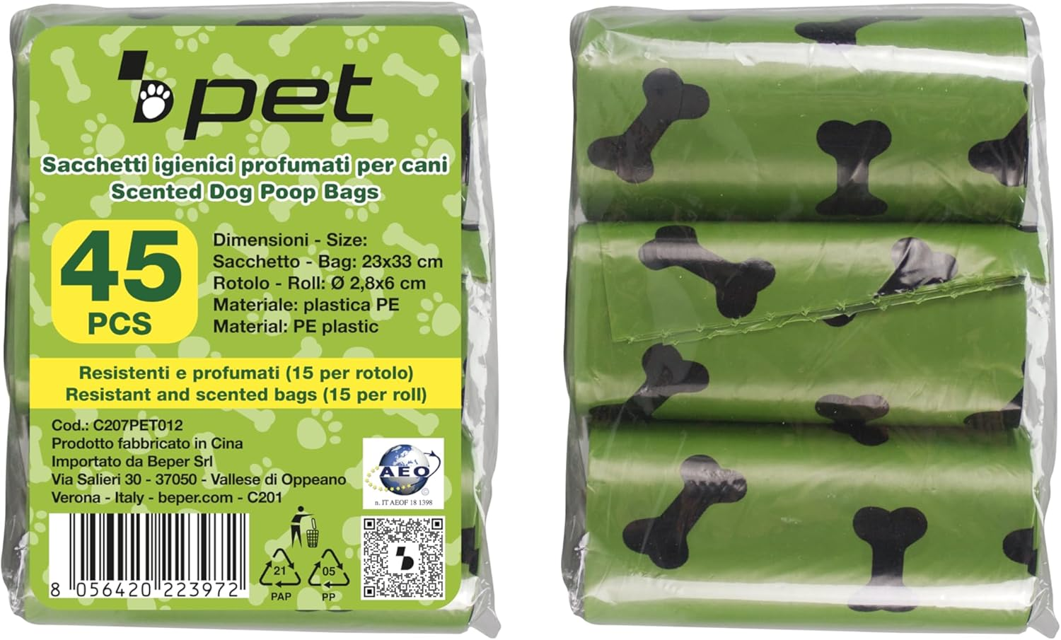 BEPER C207PET012 Scented Dog Hygiene Bags - 3 Rolls of 15 Plastic Bags - Total 45 Bags - Shatterproof Easy Tear - Green Colour with Print image number 2