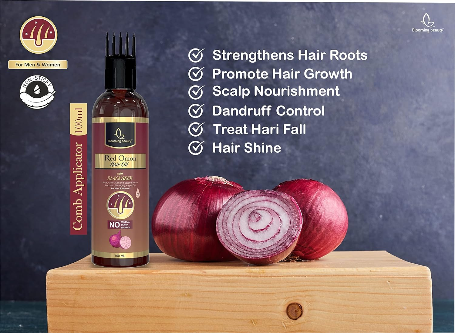 Blooming Beauty Onion Hair Oil for Hair Growth, anti Dandruff & Red Oninin | Onion Hair Oil for Anti-Dandruff, Long Hair, Hair Fall Controls, Baldness, Alopecia ,Hair Loss (100 Ml Comb Applicator ) image number 2