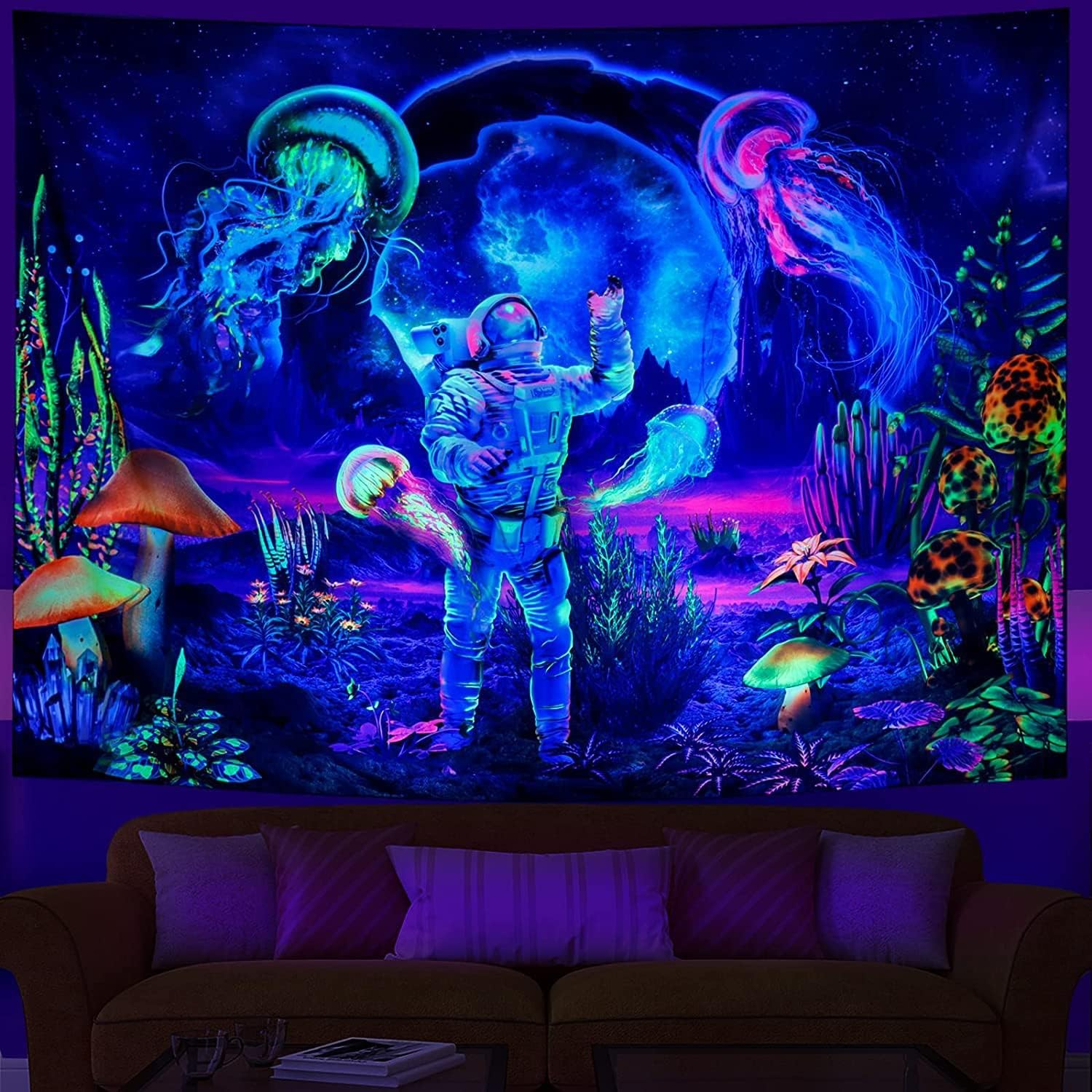 Black-Light Astronaut Jellyfish Tapestry, Trippy Mushroom Tapestry, UV Reactive Fantasy Plants Wall Hanging, Psychedelic Neon Galaxy Space Tapestry (M) image number 4