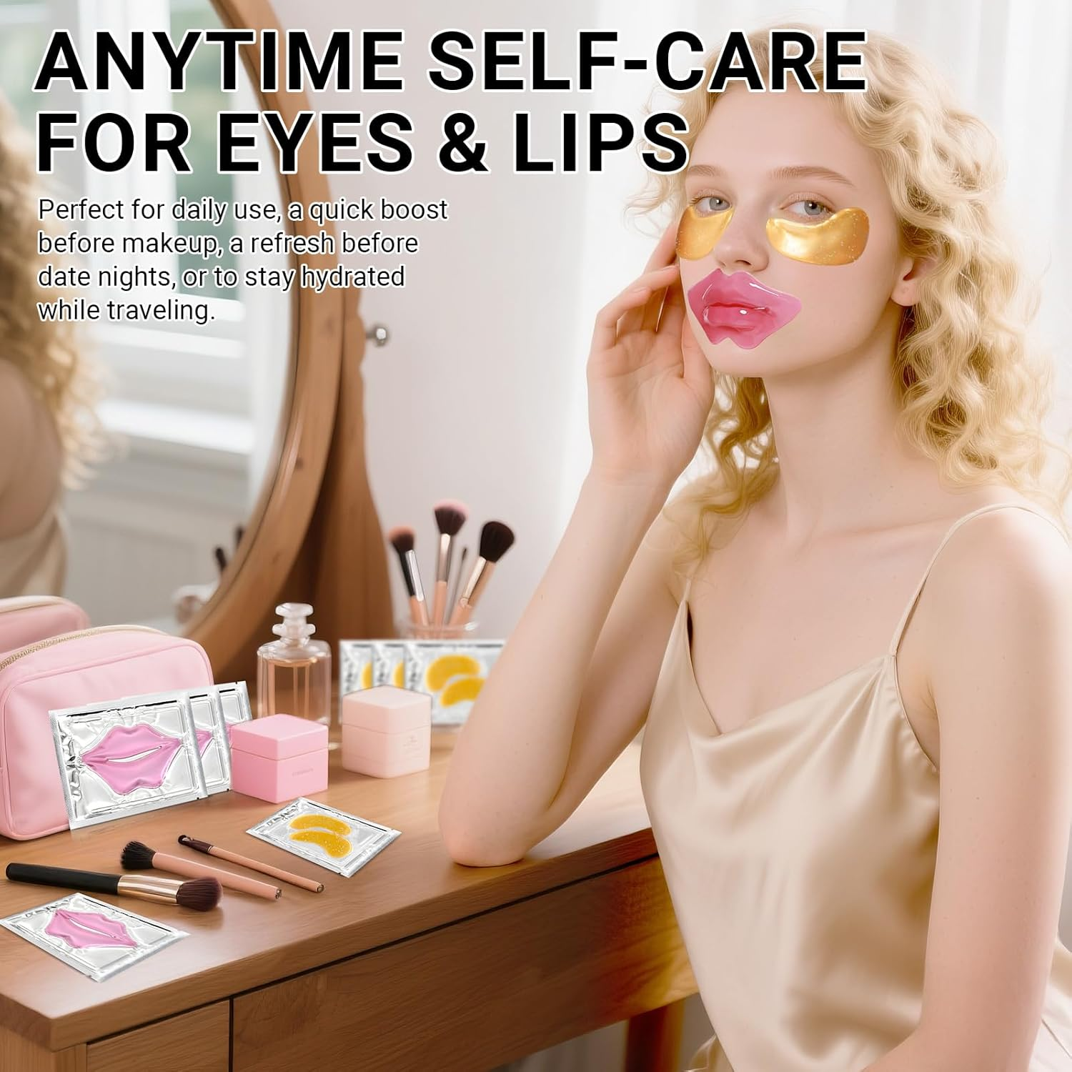 20 Pcs Collagen Gold Eye Mask & Pink Lip Mask Set&ndash;Hydrating under Eye Patches & Lip Masks for Puffy Eyes,Dark Circles & Dry Lips&ndash;Skincare Gift Set for Women