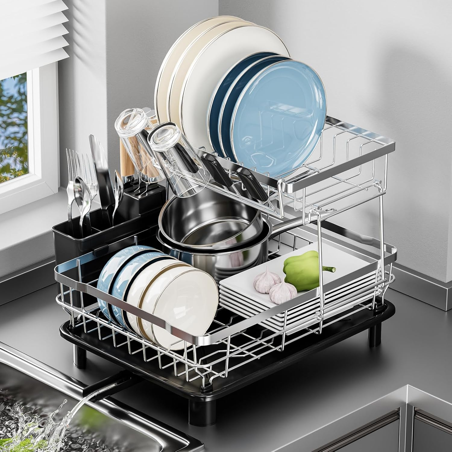 Sandream Dish Drying Rack, 2 Tier Large Dish Rack, Stainless Steel Dish Drainer for Kitchen Counter, Dish Rack with Draining Tray & Cutlery Utensil Holder (White)