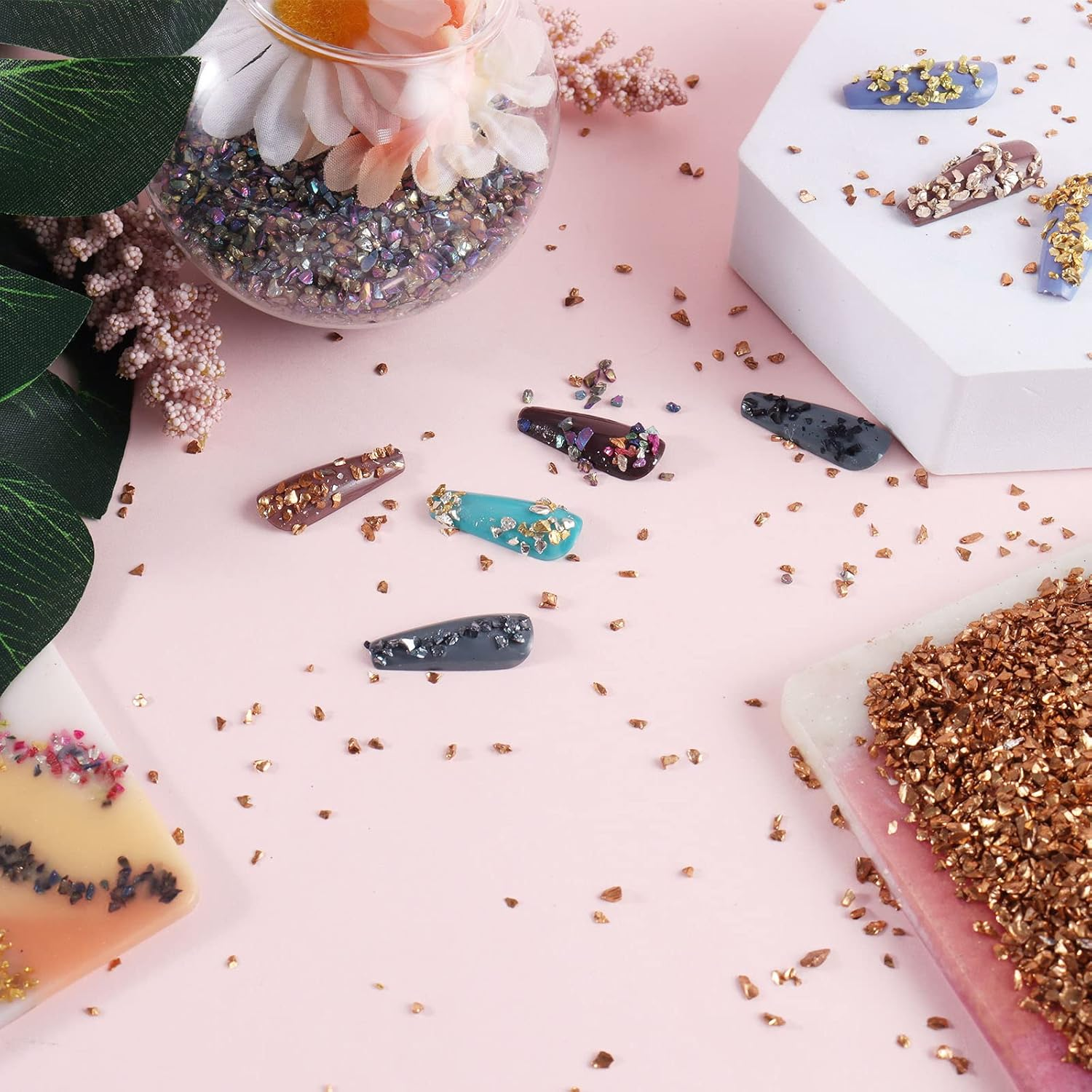 Ceya 5.3Oz/ 150G Crushed Irregular Glass Pale Lilac Metallic Crystal Chip Broken Glass Chips Glitter 2-4Mm Craft Chunky Glitter for Nails Art Epoxy Resin Mold Coasters Ornament Painting Geode - Gold image number 2