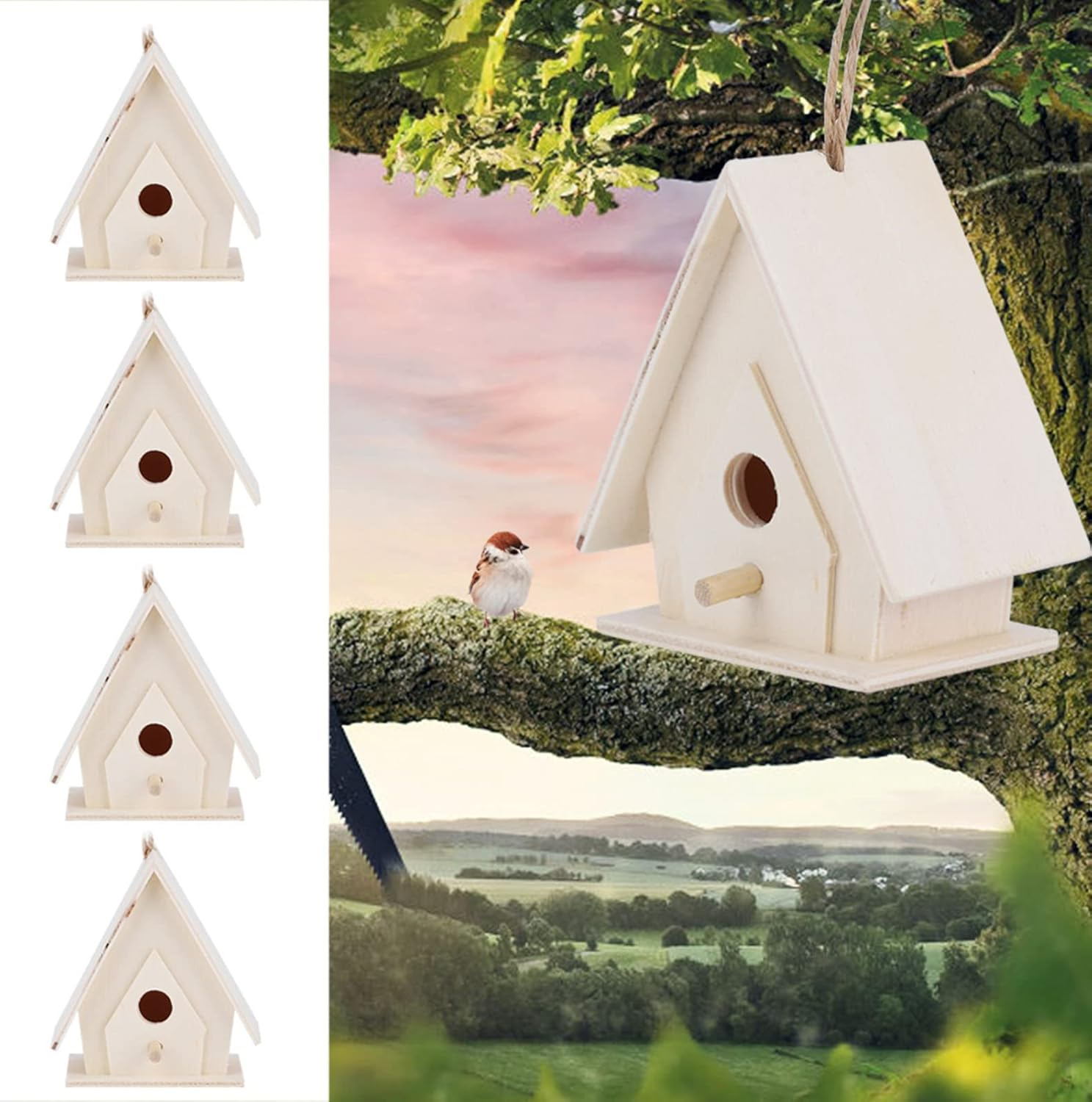 4Pcs Bird House Wooden, Mini Wooden Birdhouse, Outdoors Birdhouse Box for Garden Courtyard Wild Bird Viewin image number 2