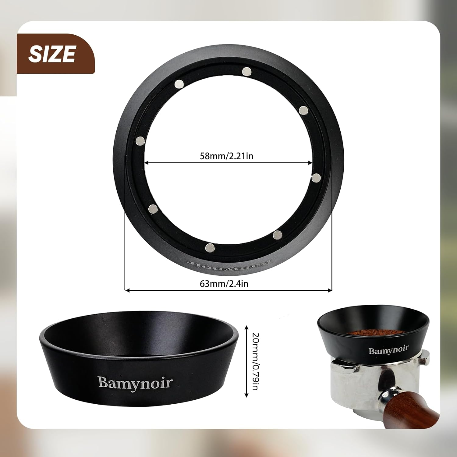 Bamynoir 58Mm Magnetic Dosing Funnel Compatible with 58Mm Protafilter,Espresso Coffee Dosing Ring - 20Mm Anodized with 8 Neodymium(Black) image number 1