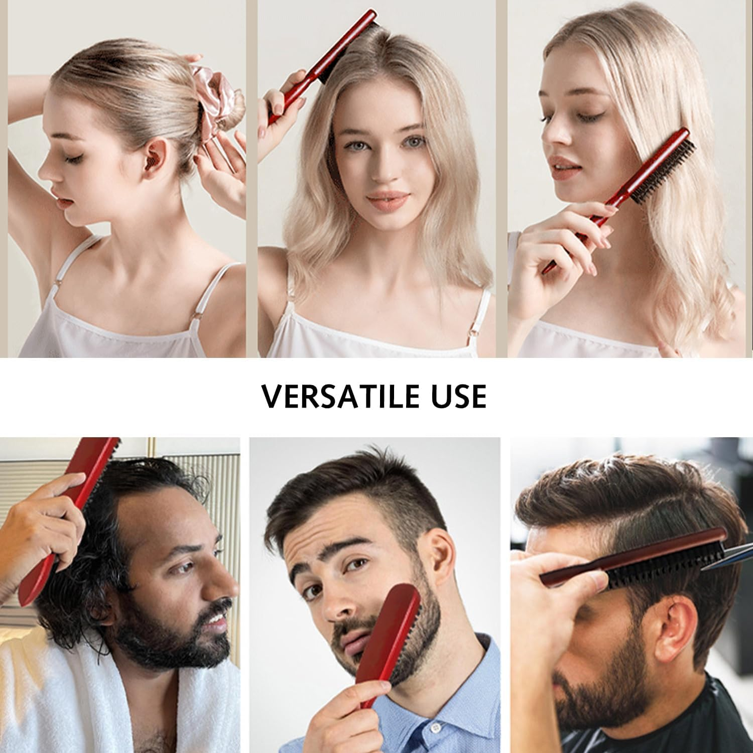 Pack of 2 Boar Bristle Hair Brush, Comb and Scissors Tools, Comfortable Handle, Easy to Carry, Suitable for Trimming and Combing Long, Thick, Curly, Thin, Thick Hair, Beard image number 6