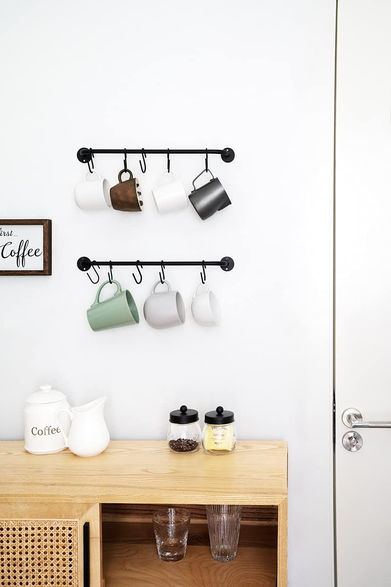 Mkono Mug Holder Wall Mounted Coffee Cup Rack Hanger Modern Metal with 10 Mug Hooks Rustic Utensil Tea Cups Storage Organizer for Kitchen Dining Room Coffee Bar, Set of 2, Black image number 1