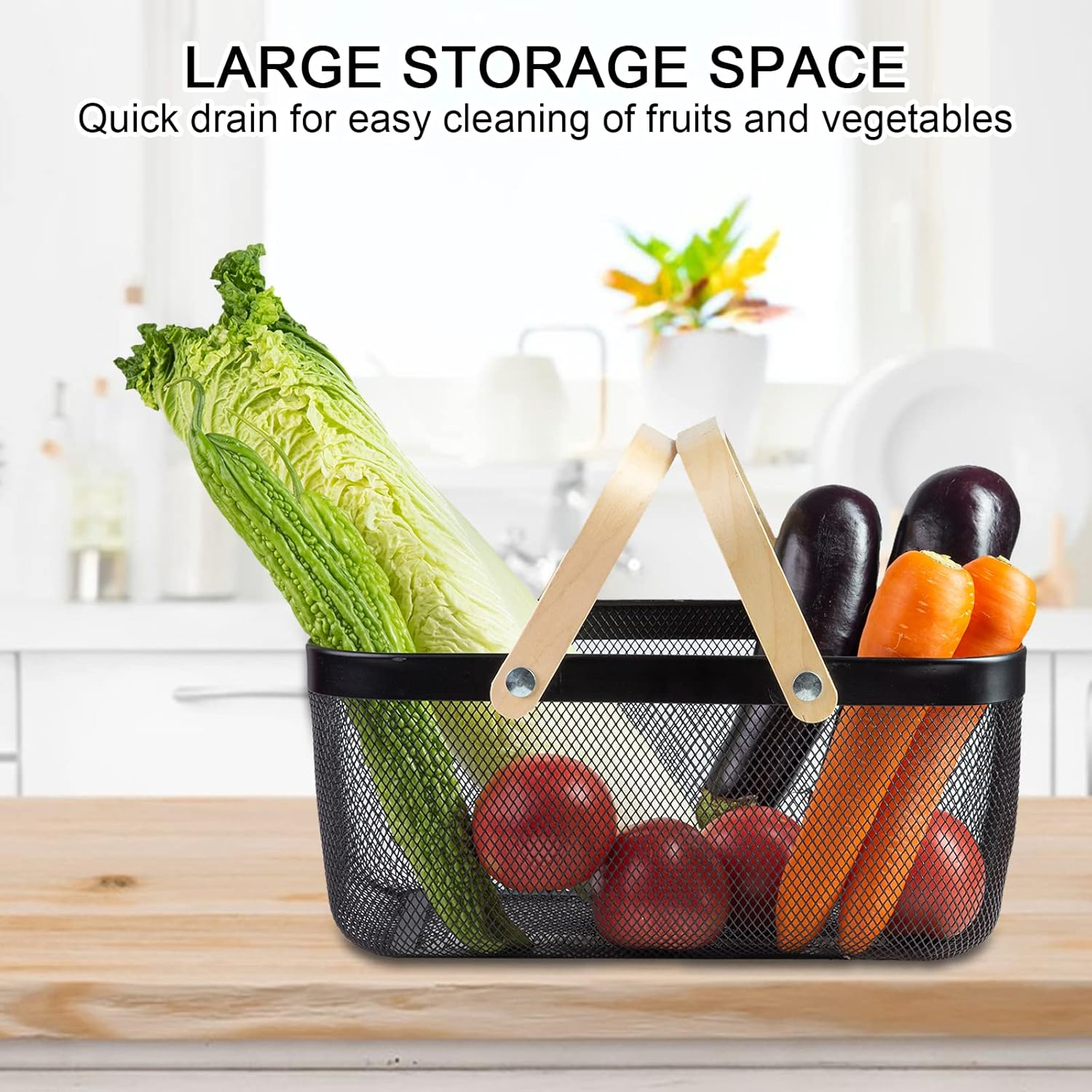 Portable Garden Harvest Basket-Mesh Design Natural Bamboo Handle Wire Storage Baskets,Mesh Basket with Handle Organize Items Reduce Space Occupation,Suitable for Kitchen,Garden,Picnic(Black) image number 6