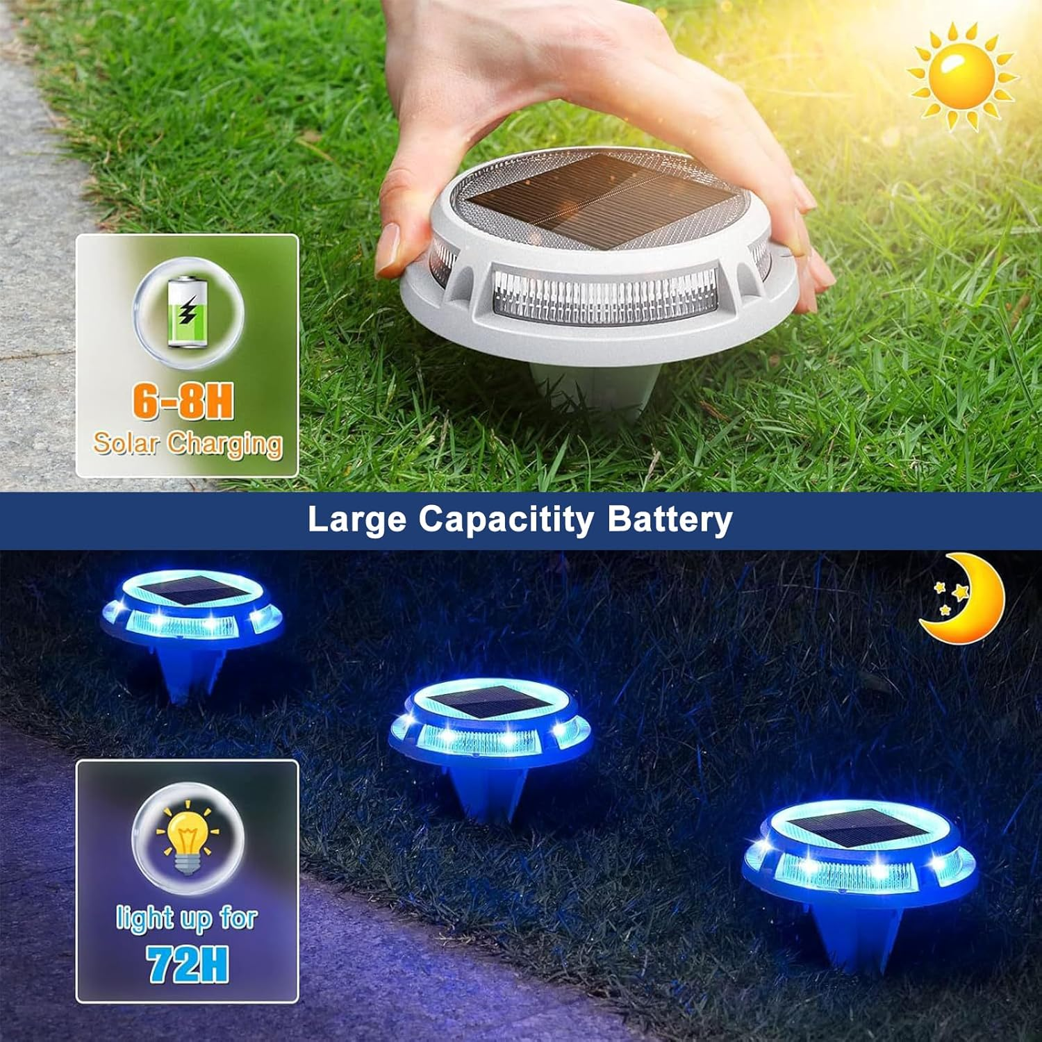 XIULIUU Solar Deck Lights, 4 Pack Solar Powered Driveway Lights, IP68 Waterproof, Outdoor Warning Dock Lights for Step Sidewalk Stair Garden Pathway Walkway Yard (Blue/White) image number 5
