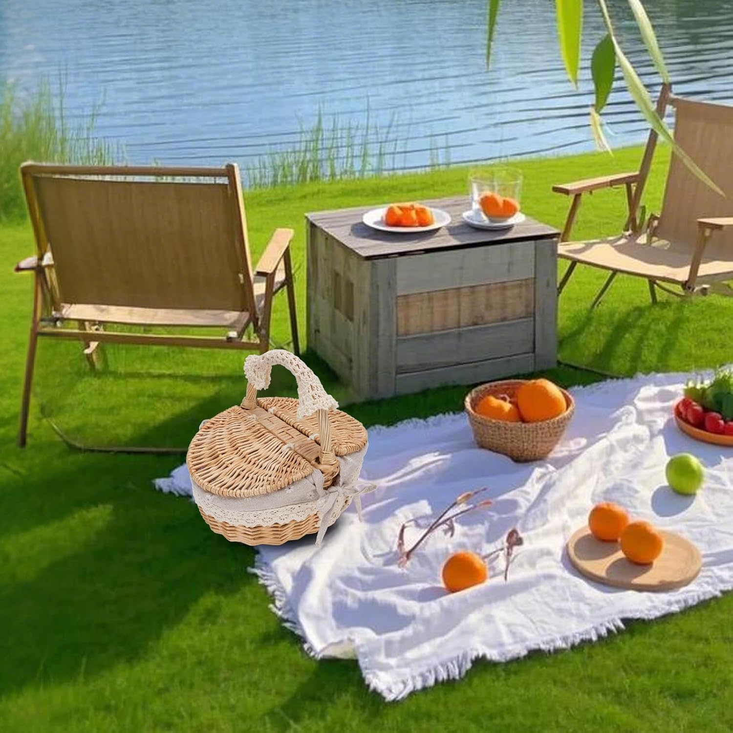 Wicker Picnic Basket with Removable Liner, Empty Picnic Hamper with Lid and Handle for Outdoor Camping, Wicker & Linen Cotton, 25.5X18X25Cm (Daisy) image number 3