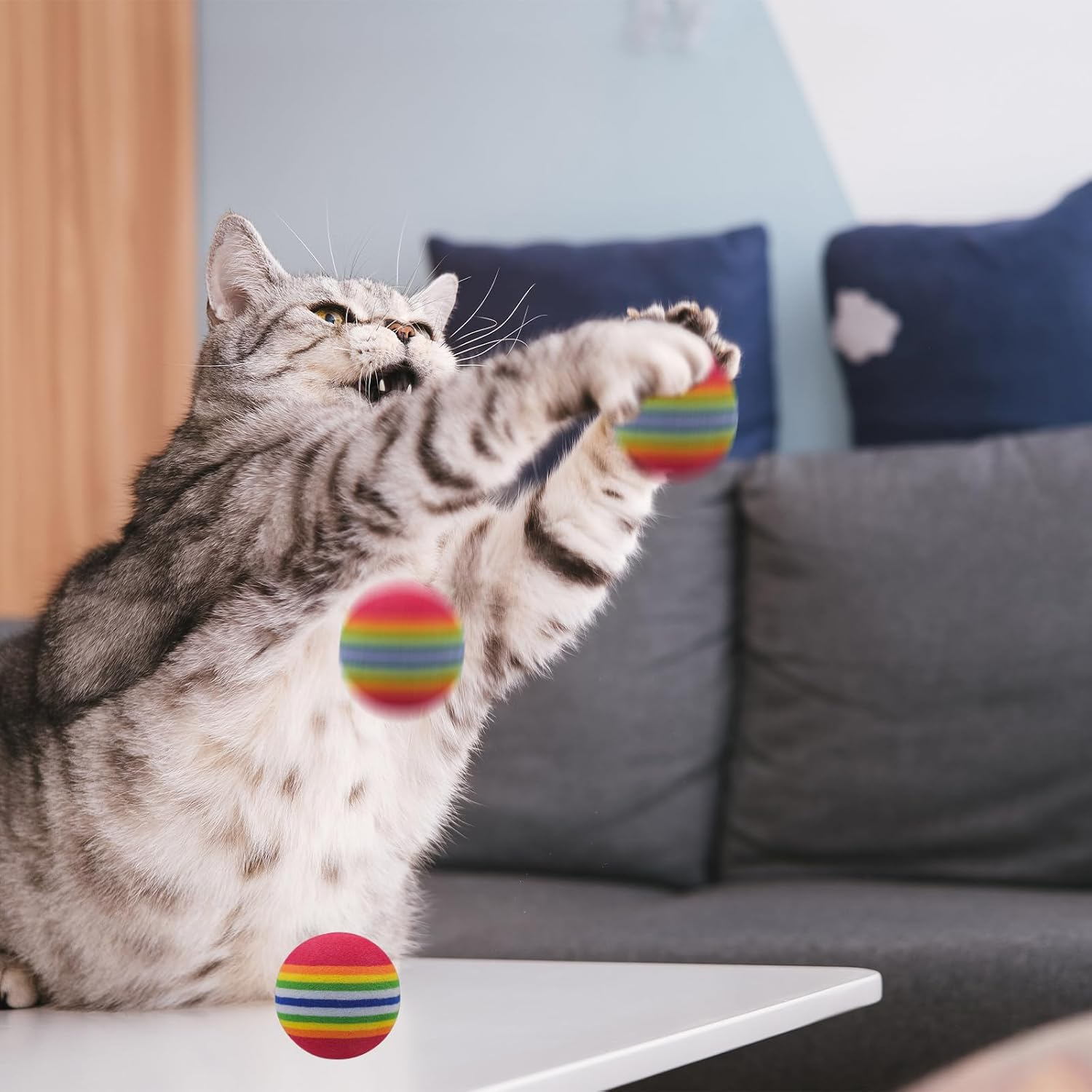 Andiker Pack of 12 Rainbow Cat Toy Ball, 1.38 Inch Foam Cat Ball Toy for Indoor Cat, Colourful Pet Foam Ball for Kittens, Dogs, Puppies, Game, Sports, Chase Training (Red + Blue)