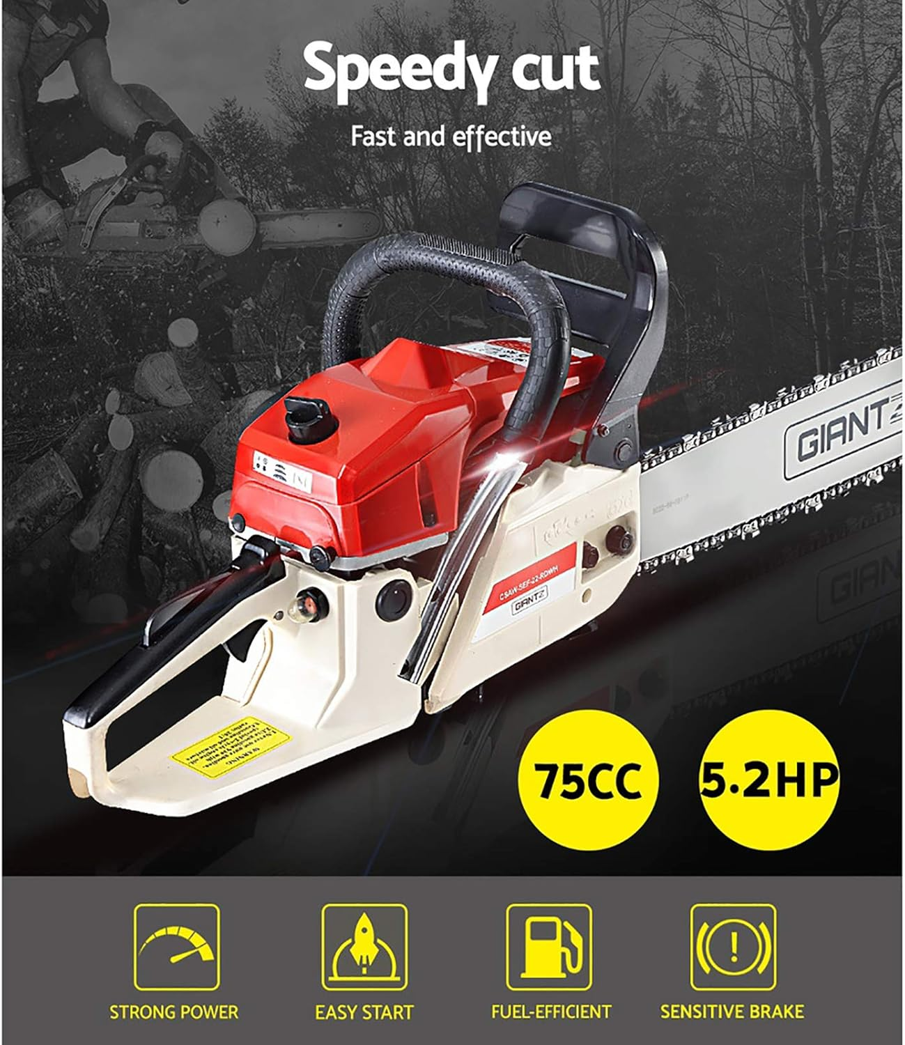 Giantz Chainsaw, 75Cc Cordless Petrol Hand Power Chain Saw Home Garden Farm Tree Gear, with Cover Self Cooling Flywheel Auto-Throttle Locking 18&rdquo; Bar E-Start image number 3
