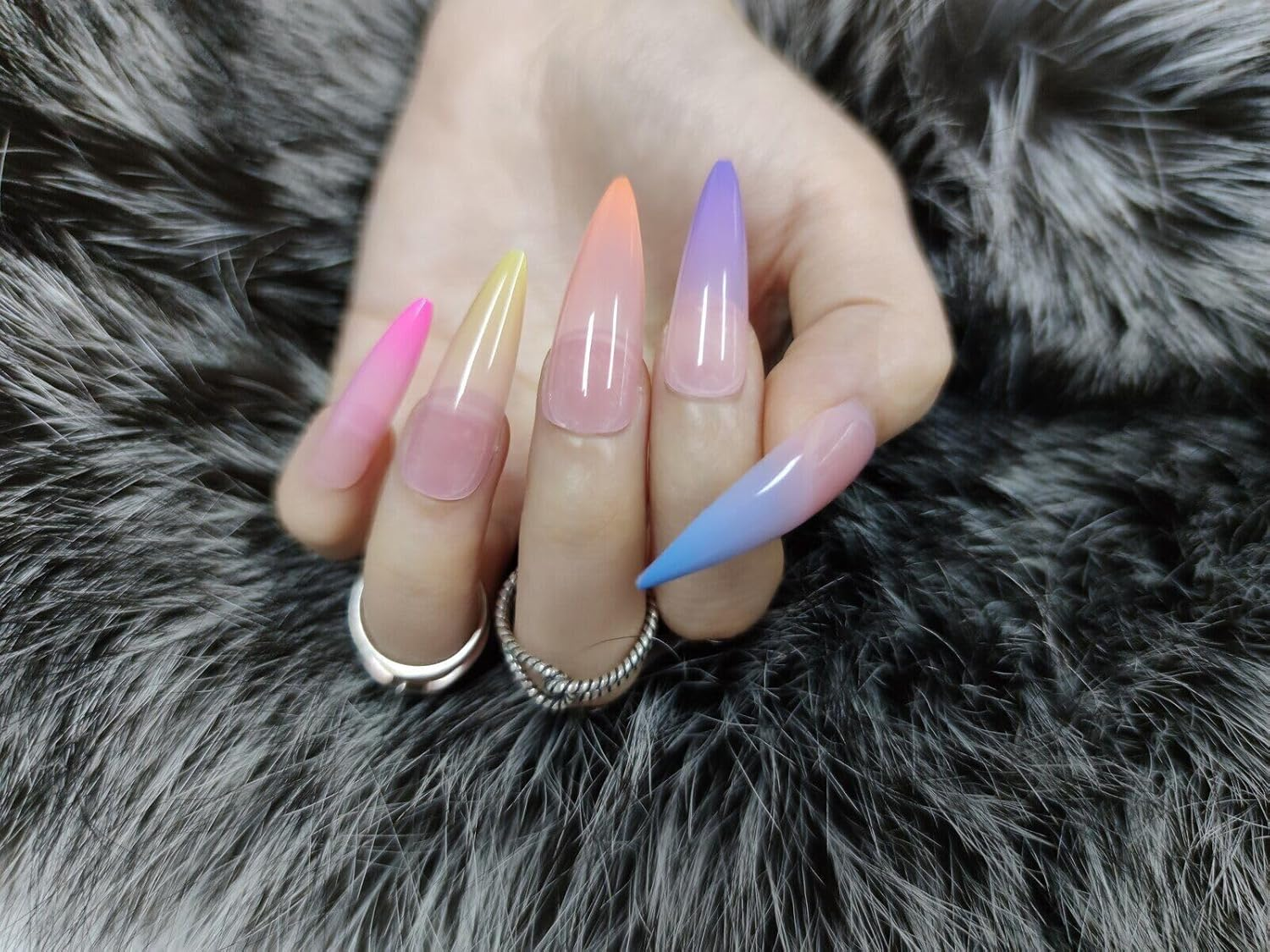 Press on Nails Fake Long Point Pointing Nail Tips Rainbow Stiletto 20 Pcs image number 2