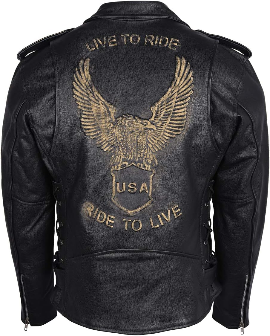 Men'S Eagle Embossed Live to Ride - Ride to Live Classic Black Leather Motorcycle Biker Jacket image number 2