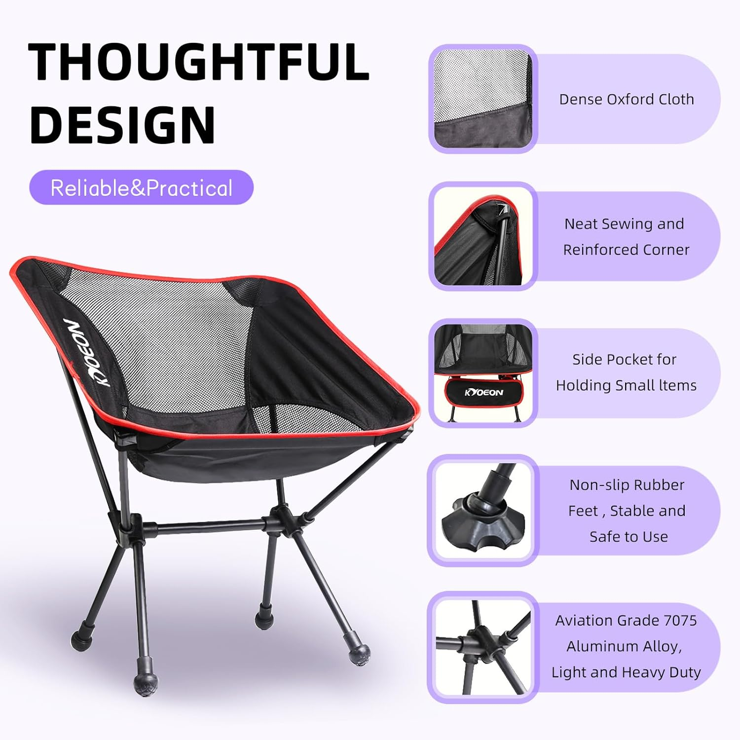 Foldable Camping Chair, Ultralight Beach Chair, 150 Kg Durable Folding Backpacking Chair with Robust Frame and Comfortable Backrest for Outdoor, Beach, Picnic, Hiking, Lawn image number 5