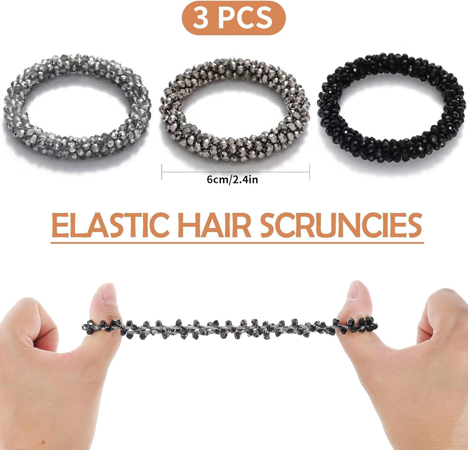 Tavvke 3 Pcs Rhinestone Hair Ties, Crystal Elastic Scrunchies, Non-Slip Beaded Ponytail Holders, Sparkly Hair Accessories for Women and Girls image number 5