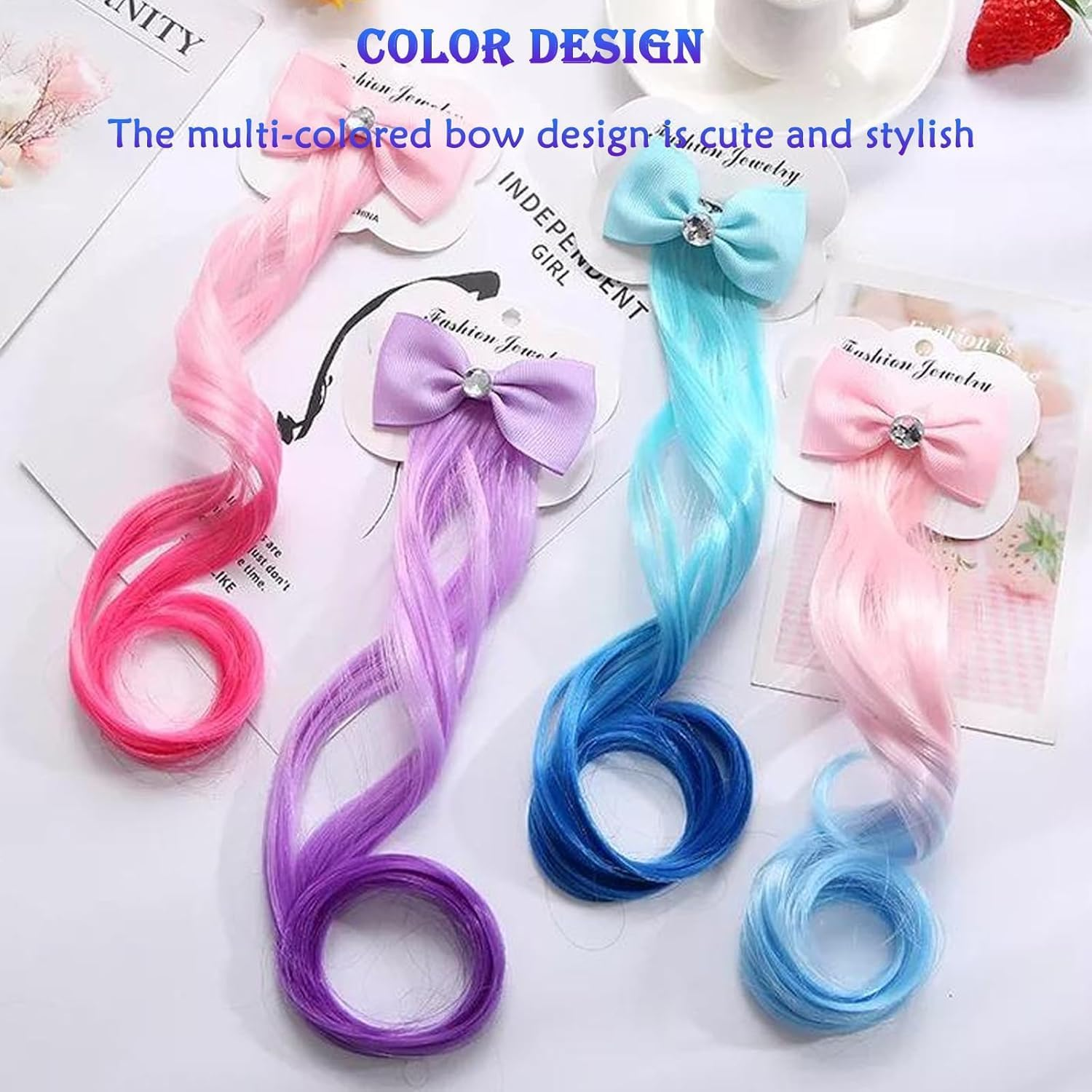 Colored Curly Hair Extension Clips, 6Pcs Unicorn Wig Hair Clips Bows Hair Braided, Hair Bows Braided Curly Wigs, Unicorn Hair Extension Clip for Little Girls image number 4