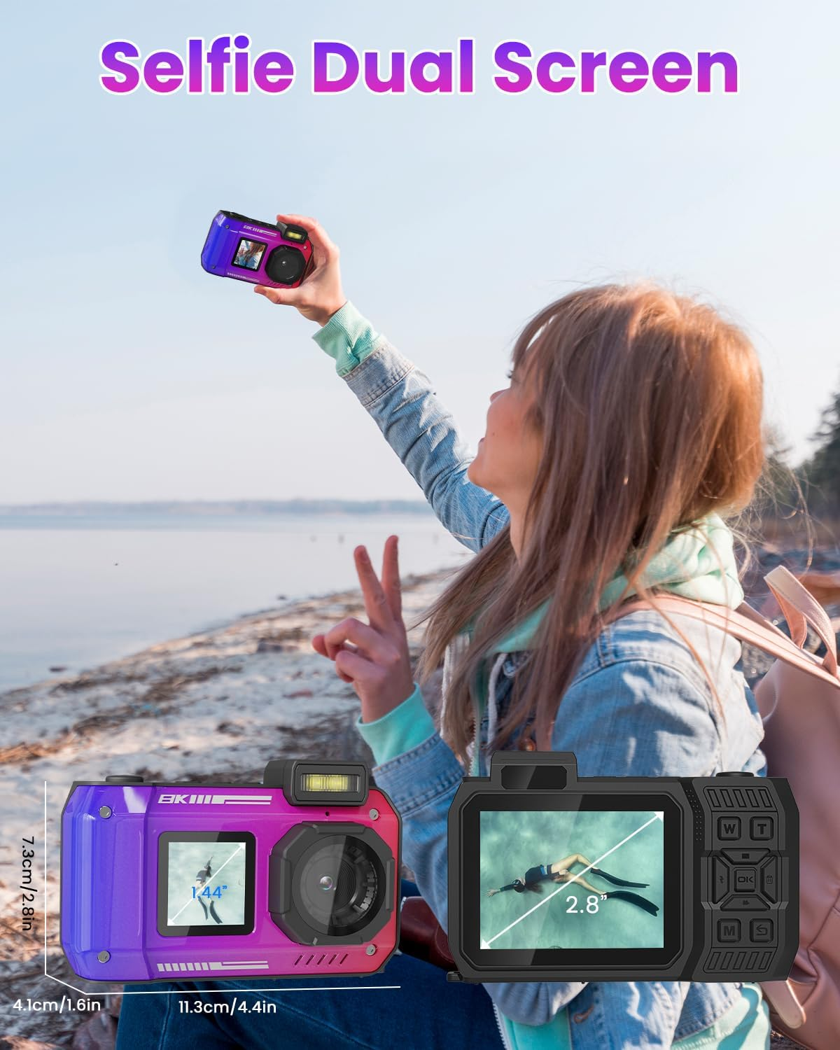 8K 70MP Digital Camera, 33FT Underwater Camera Waterproof Rugged Dustproof Shockproof for Snorkeling Diving, Selfie Dual-Screen Point and Shoot Digital Cameras with 32G Card(Gradient Purple) image number 6