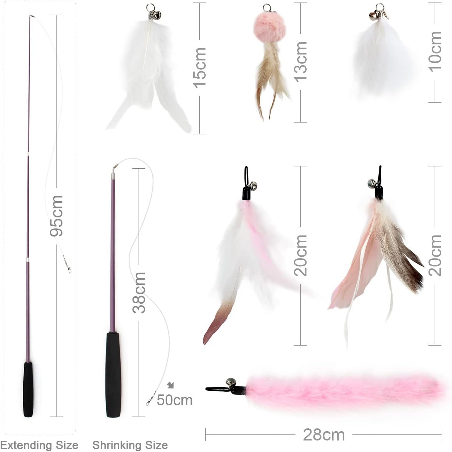SONGWAY Interactive Cat Toy Feather - Cat Toy Set with Retractable Rods, Feather Rod Cat Toy with 6 Pieces Replacement Feathers with Bells, Feather Rod Cats, Pink image number 2