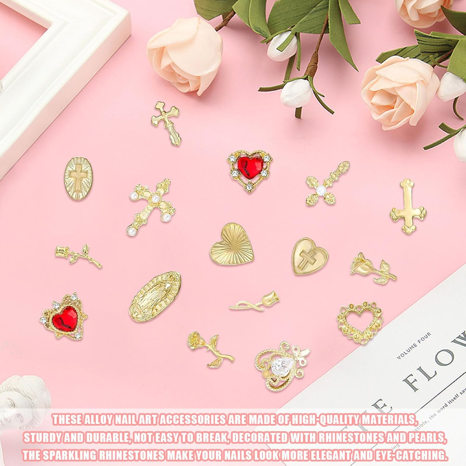 Gold Nail Charms 80 Pieces Cross Rose Heart Virgin Mary Nail Accessories Alloy Nail Accessories for Manicure Design Decorations DIY Crafts
