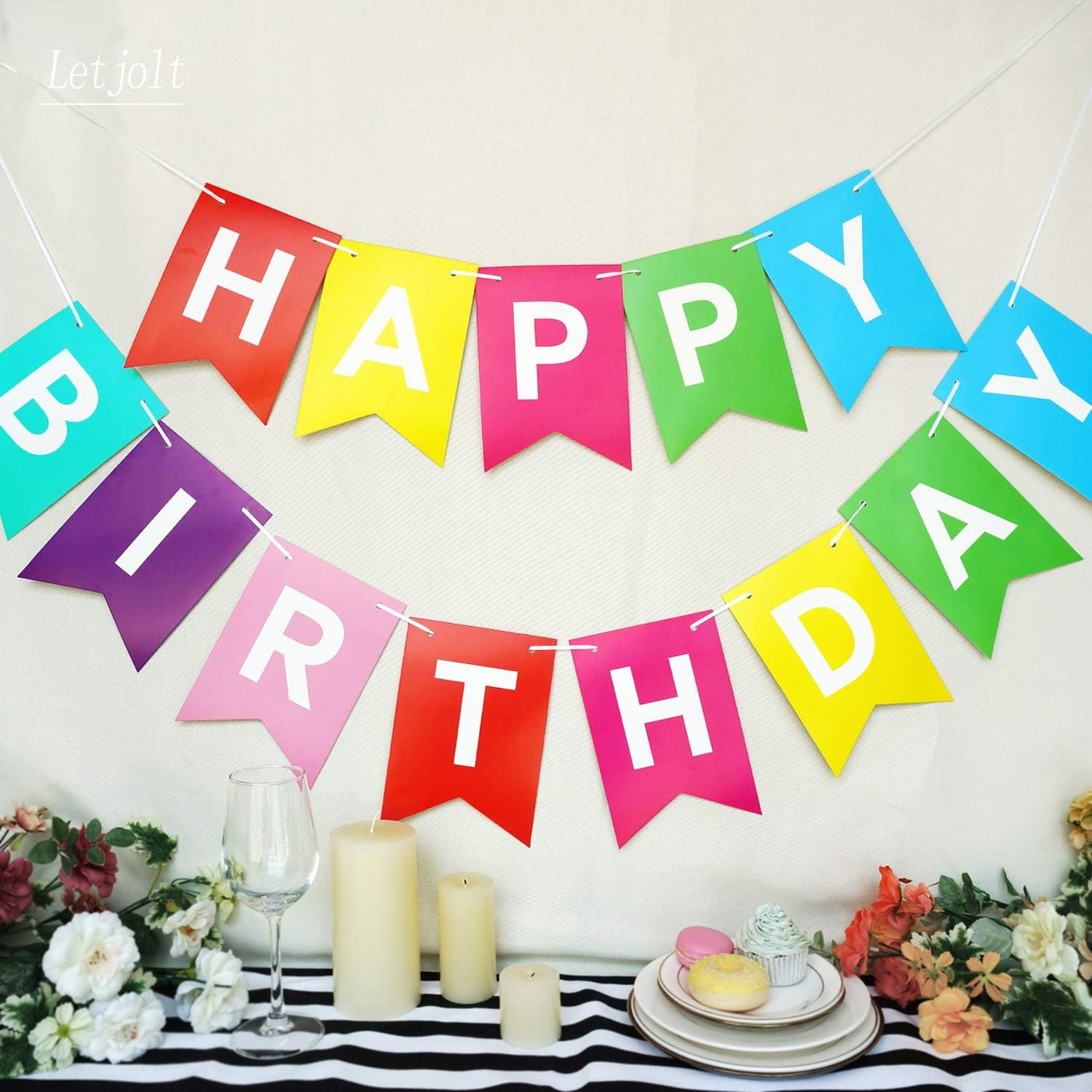 Colorful Happy Birthday Banner Birthday Party Bunting Signs for Rainbow Birthday Decorations (Multi Color) - Multi Color image number 6